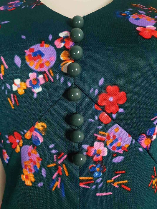 1970s Vintage Green Floral Boho Maxi Dress Retro - Size 10 Bohemian Flower