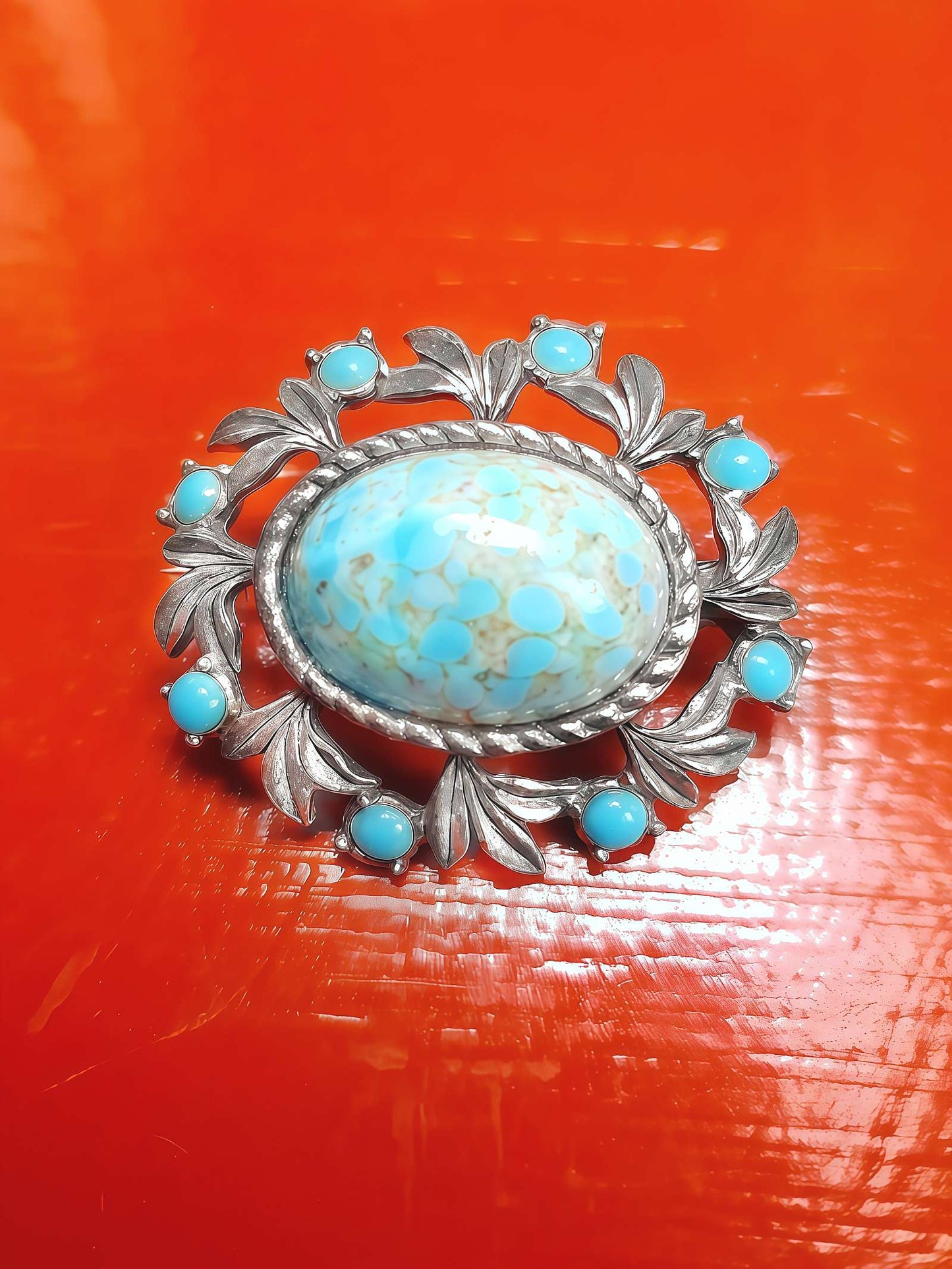 Vintage Turquoise Blue Art Glass Brooch 1950s Silver Tone Metalwork Leaves Victorian Revival