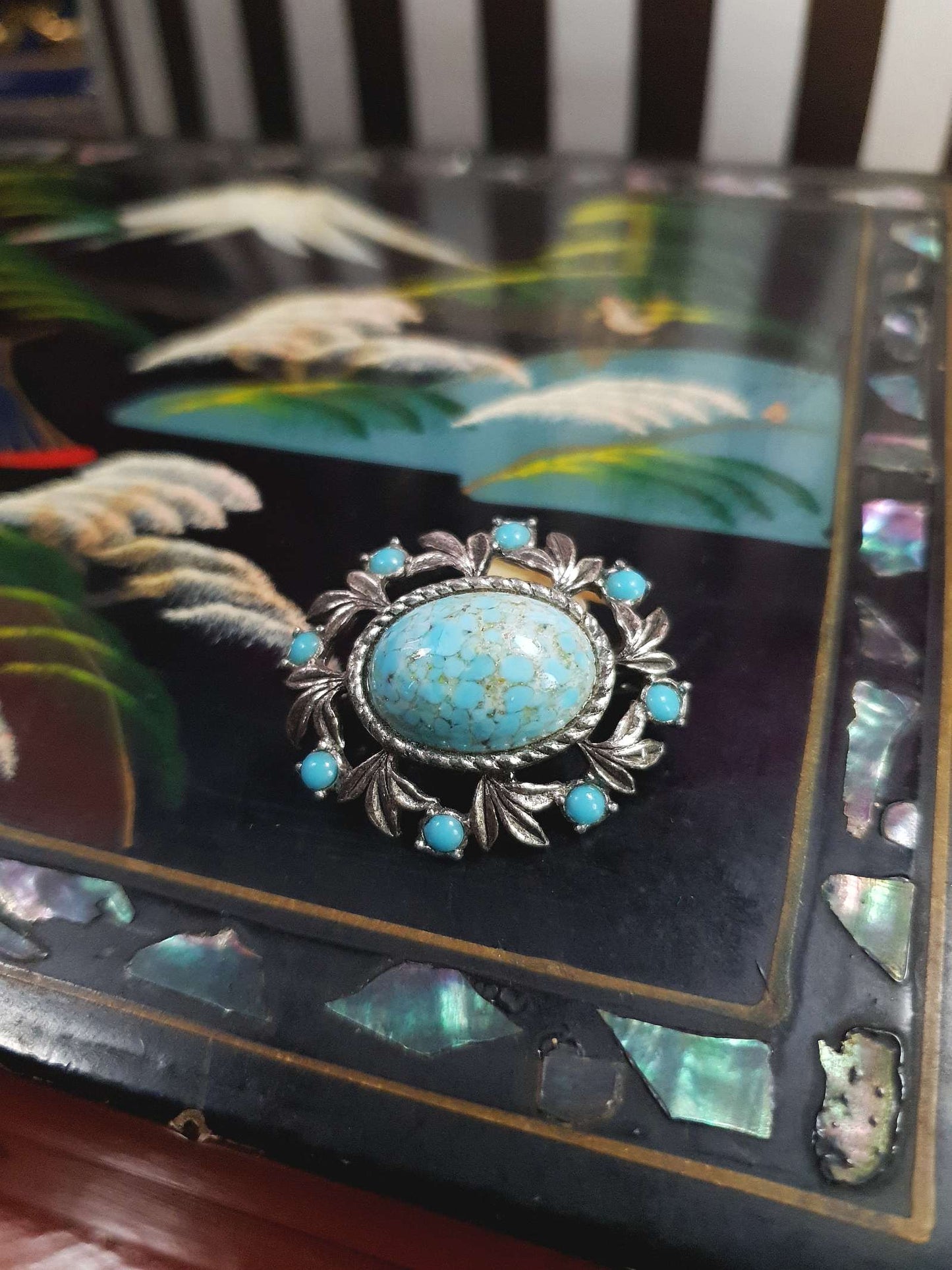 Vintage Turquoise Blue Art Glass Brooch 1950s Silver Tone Metalwork Leaves Victorian Revival