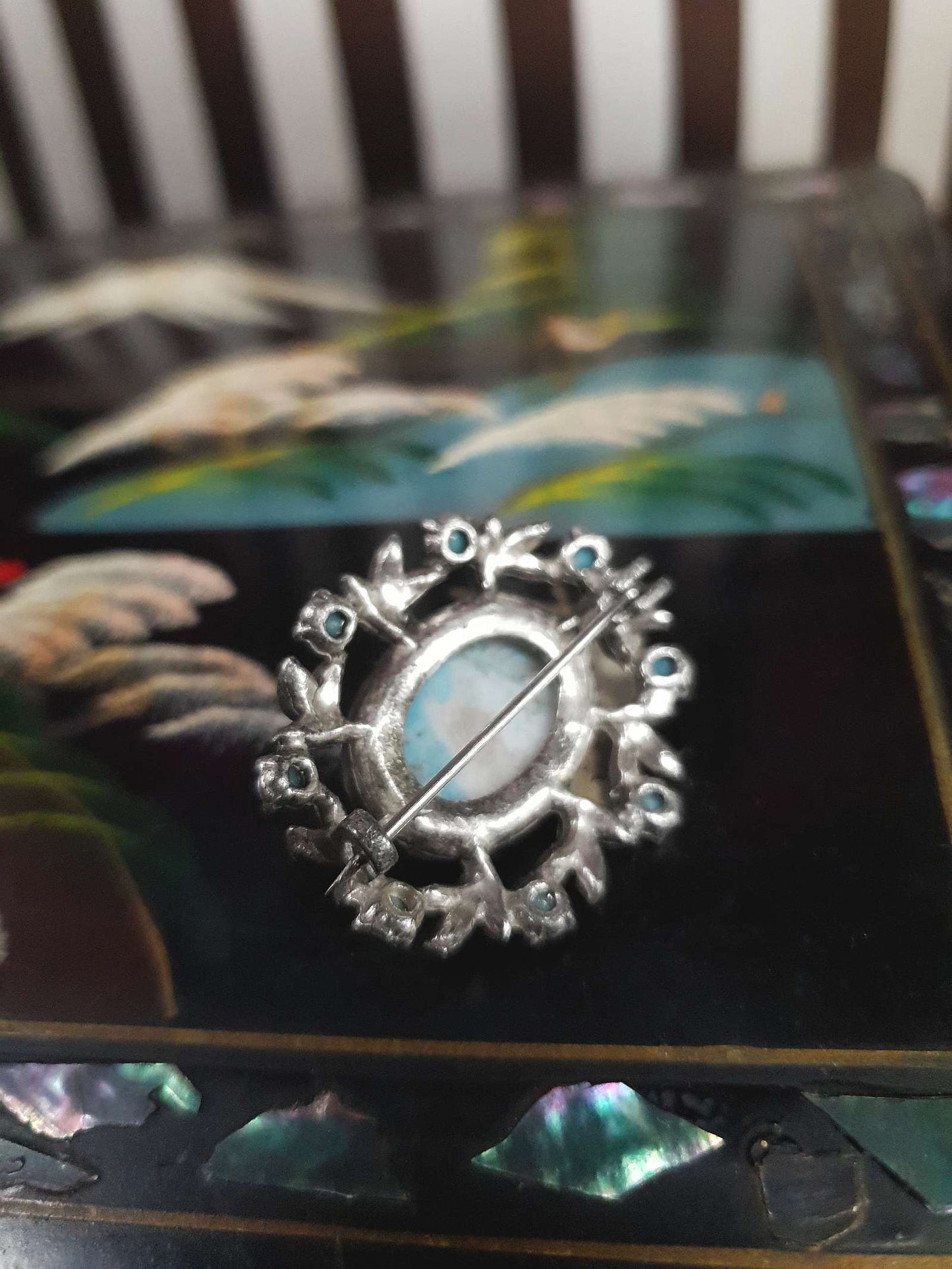 Vintage Turquoise Blue Art Glass Brooch 1950s Silver Tone Metalwork Leaves Victorian Revival