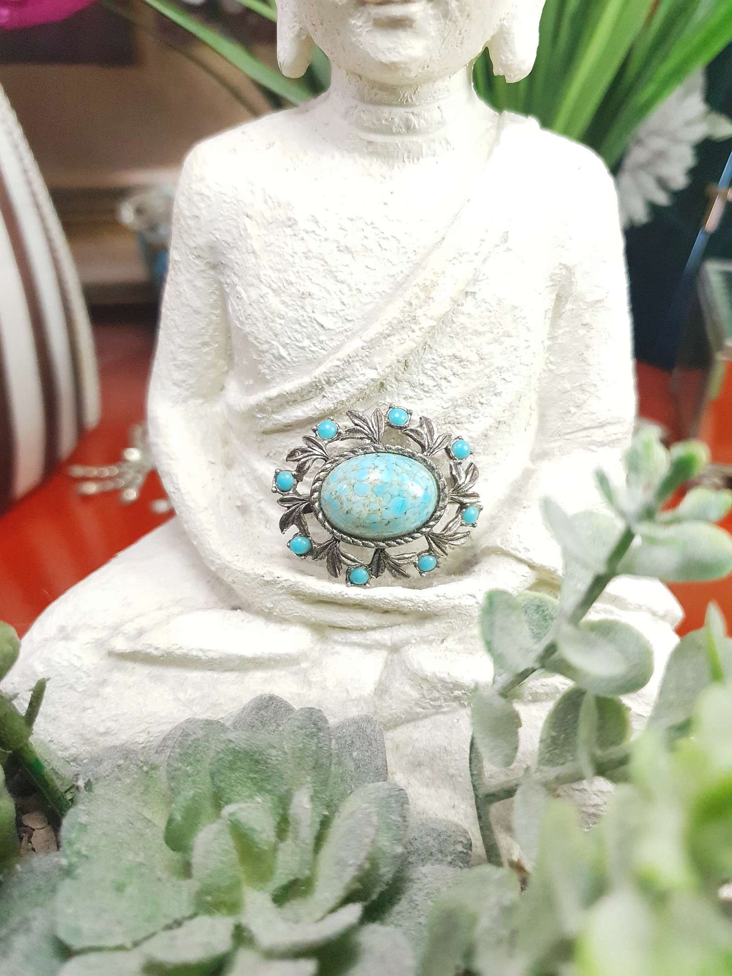 Vintage Turquoise Blue Art Glass Brooch 1950s Silver Tone Metalwork Leaves Victorian Revival