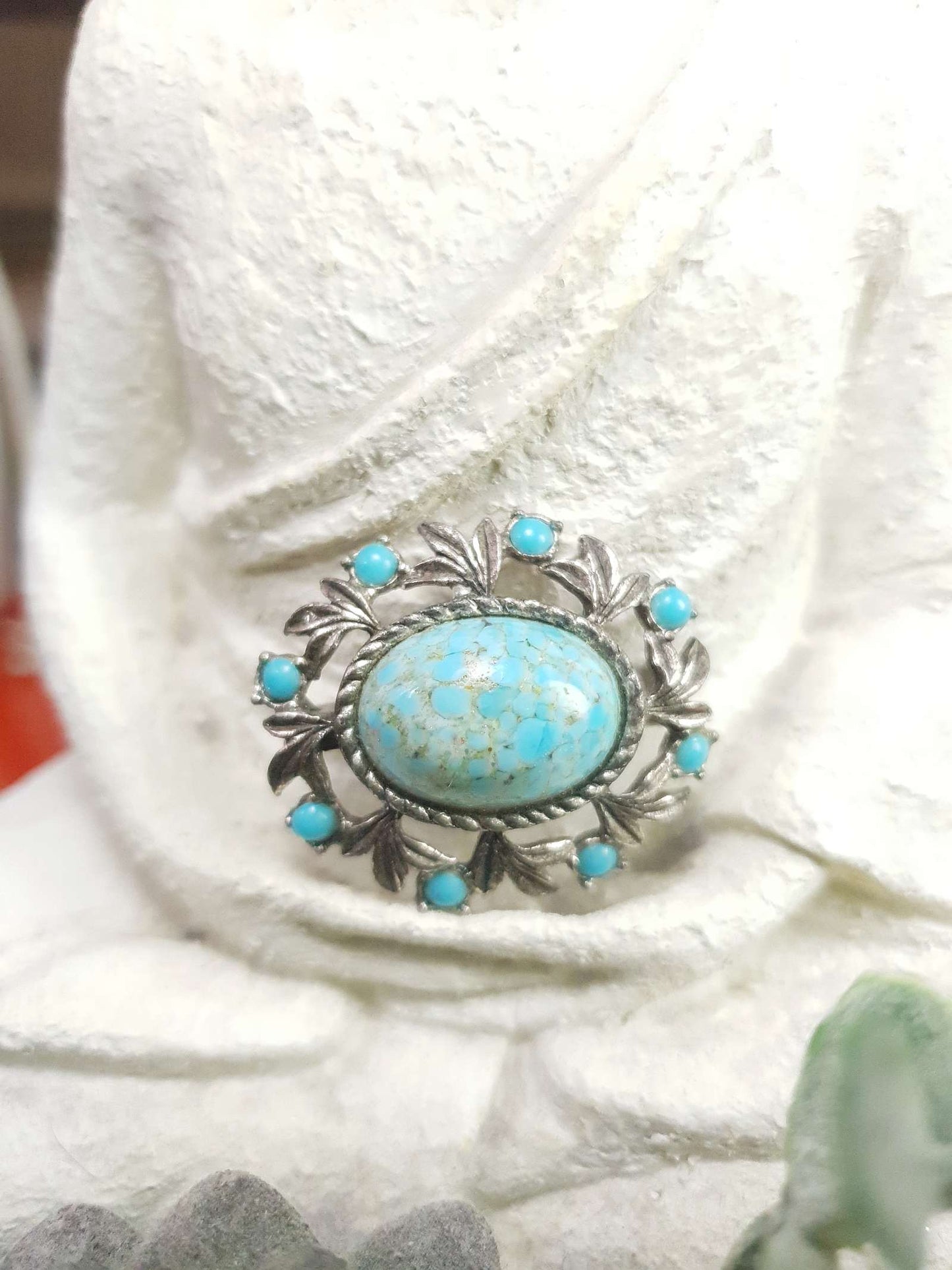 Vintage Turquoise Blue Art Glass Brooch 1950s Silver Tone Metalwork Leaves Victorian Revival