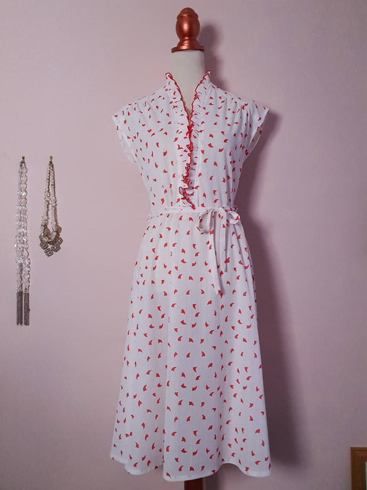 Pretty 70s White & Red Ruffle Retro Dress - Size 14