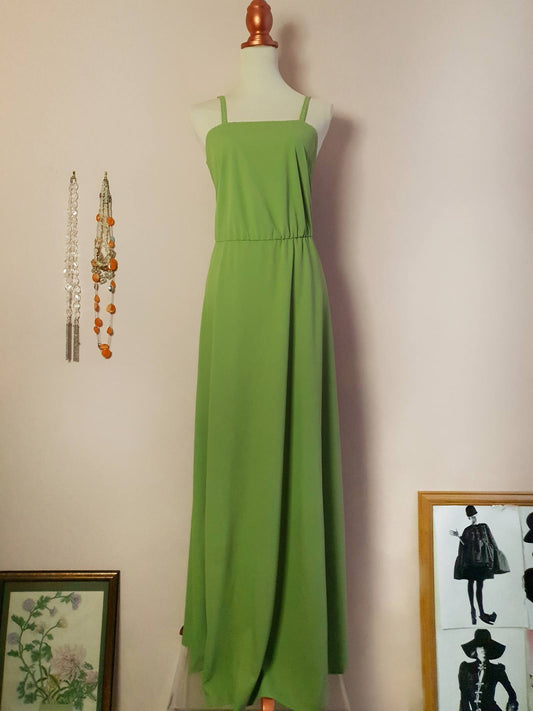 Vintage Green Maxi Dress 1970s- Size 12 Long Gown
