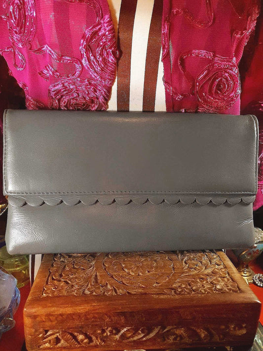 Vintage Jane Shilton Clutch Bag 1970s Grey Leather Evening Handbag Purse
