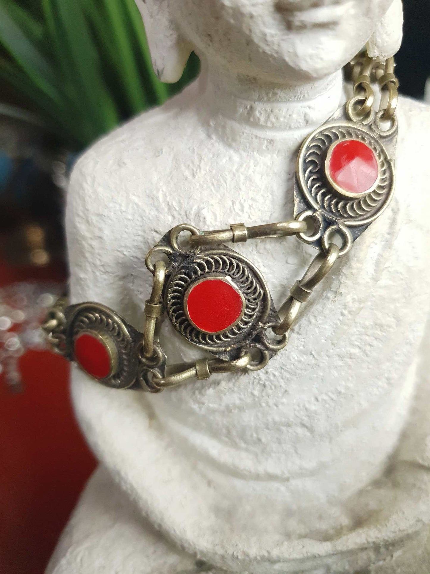 1970s Vintage Boho Red Glass Stone Bracelet Brass Bohemian