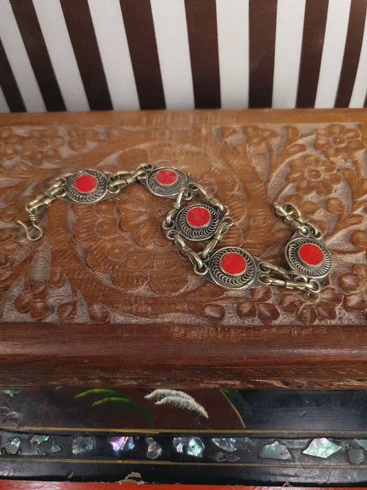 Vintage Boho Red Glass Stone Bracelet 1970s Brass Bohemian