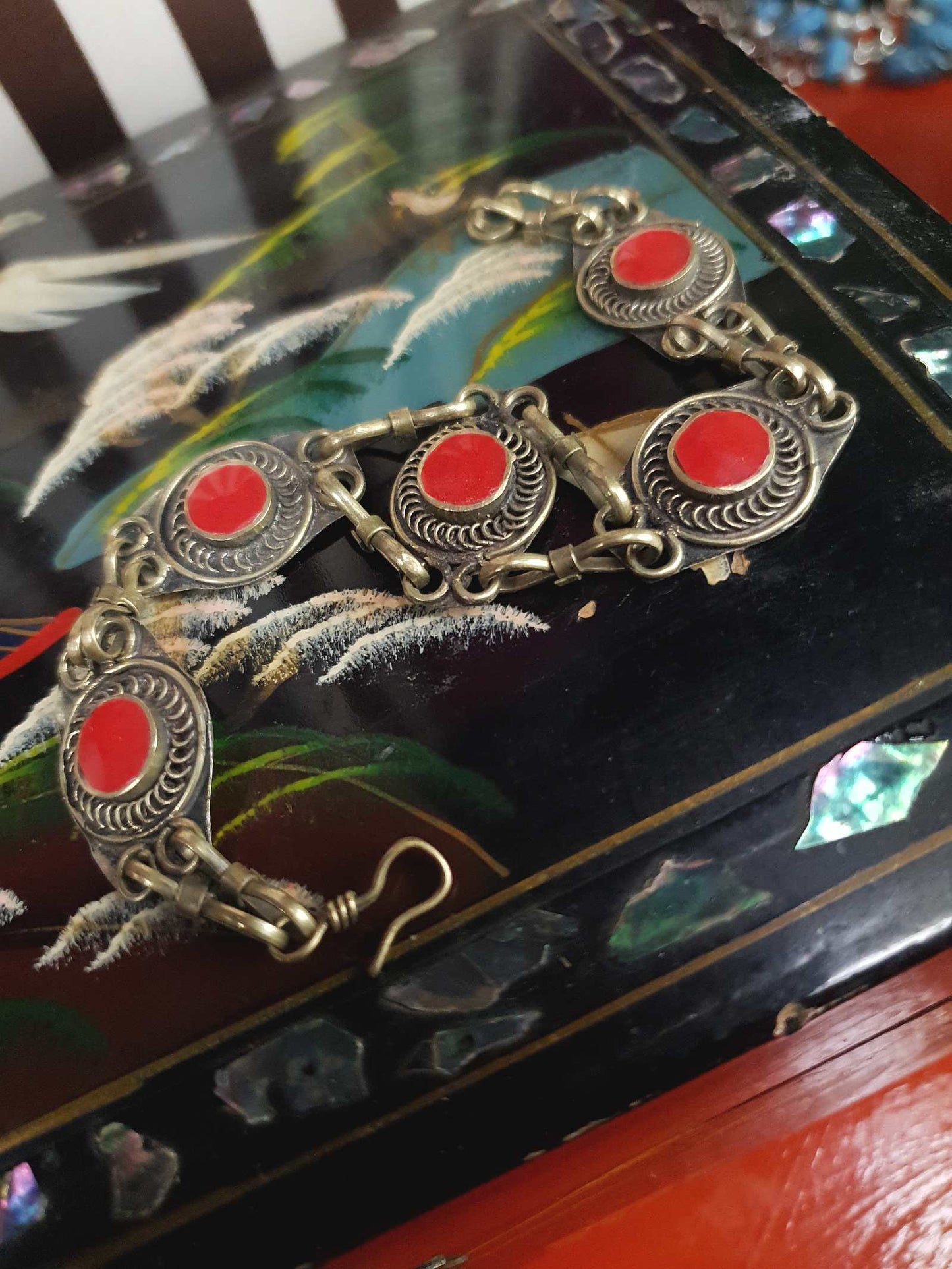 1970s Vintage Boho Red Glass Stone Bracelet Brass Bohemian