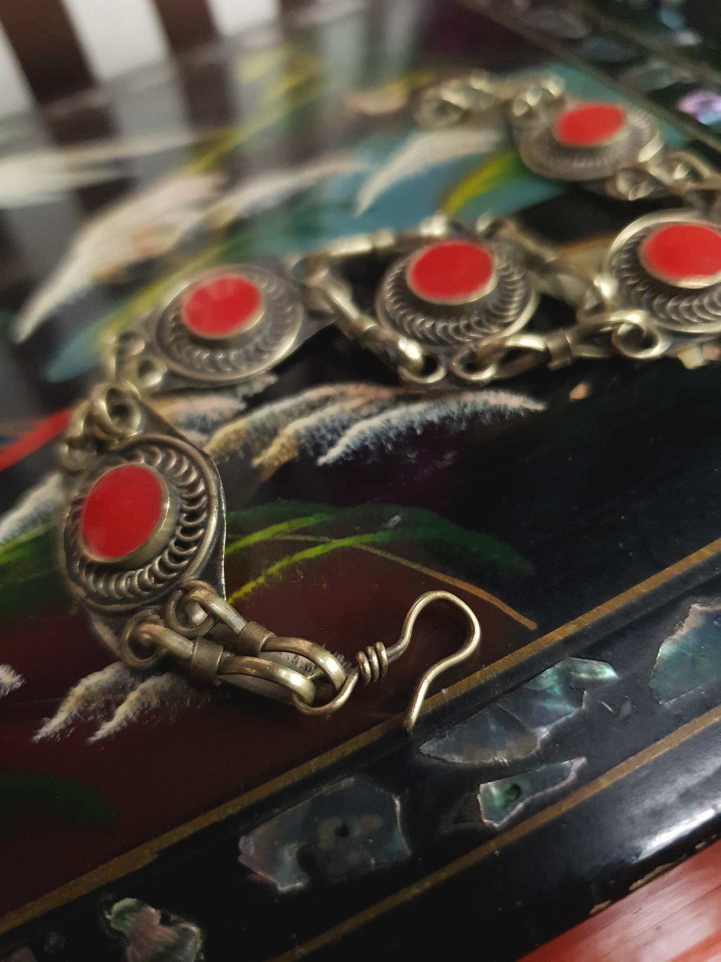 1970s Vintage Boho Red Glass Stone Bracelet Brass Bohemian