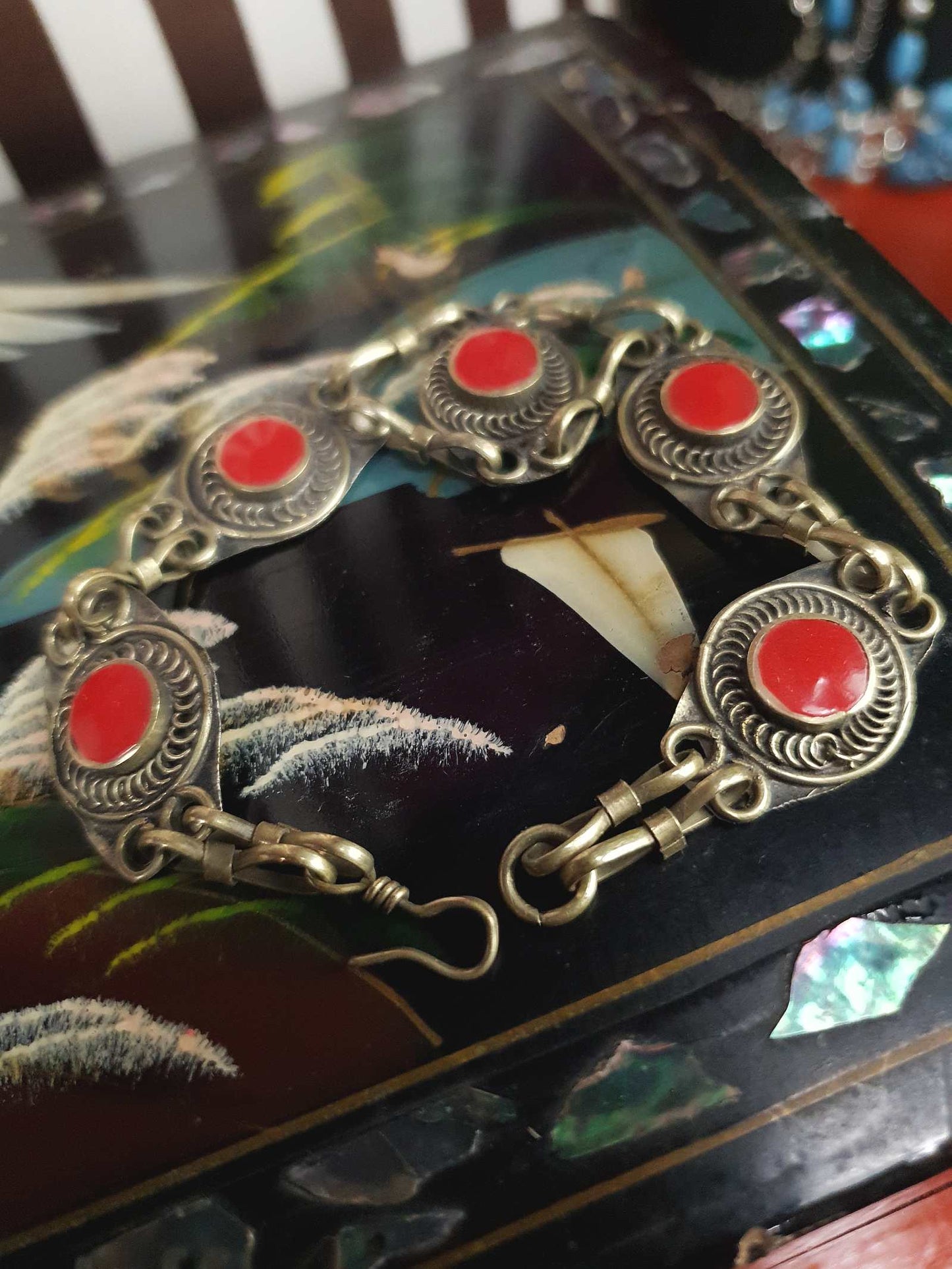 1970s Vintage Boho Red Glass Stone Bracelet Brass Bohemian