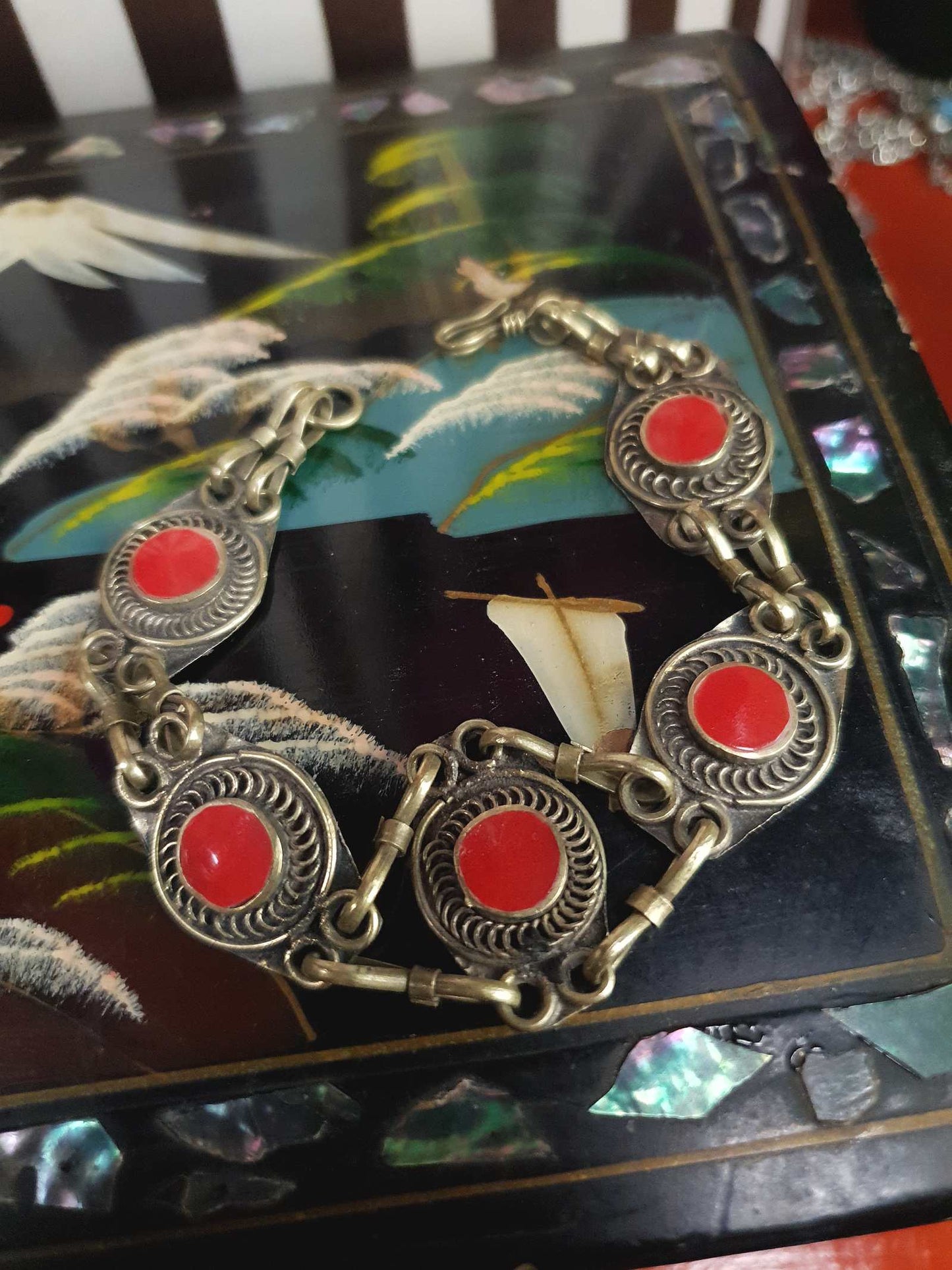 1970s Vintage Boho Red Glass Stone Bracelet Brass Bohemian