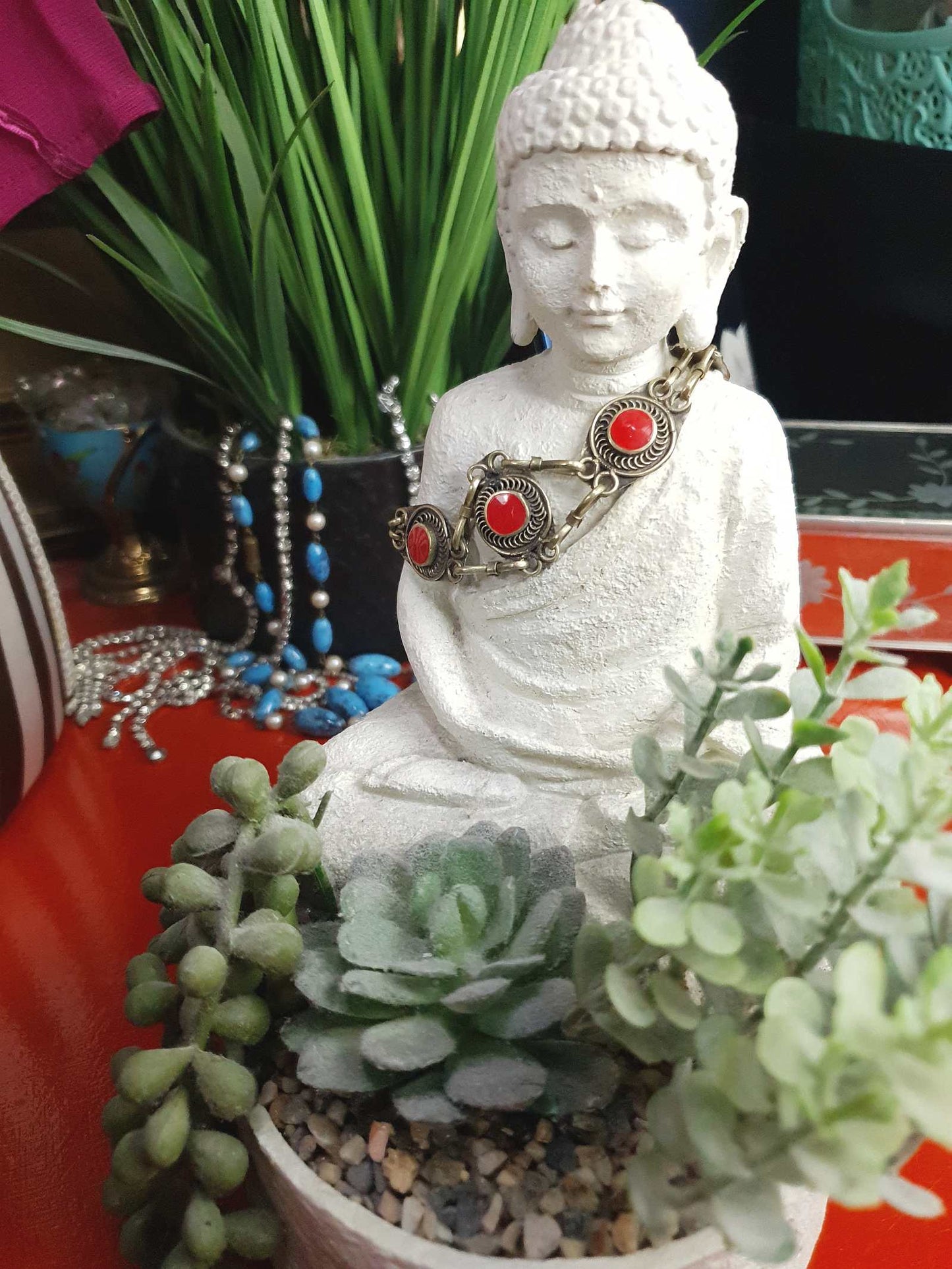 1970s Vintage Boho Red Glass Stone Bracelet Brass Bohemian