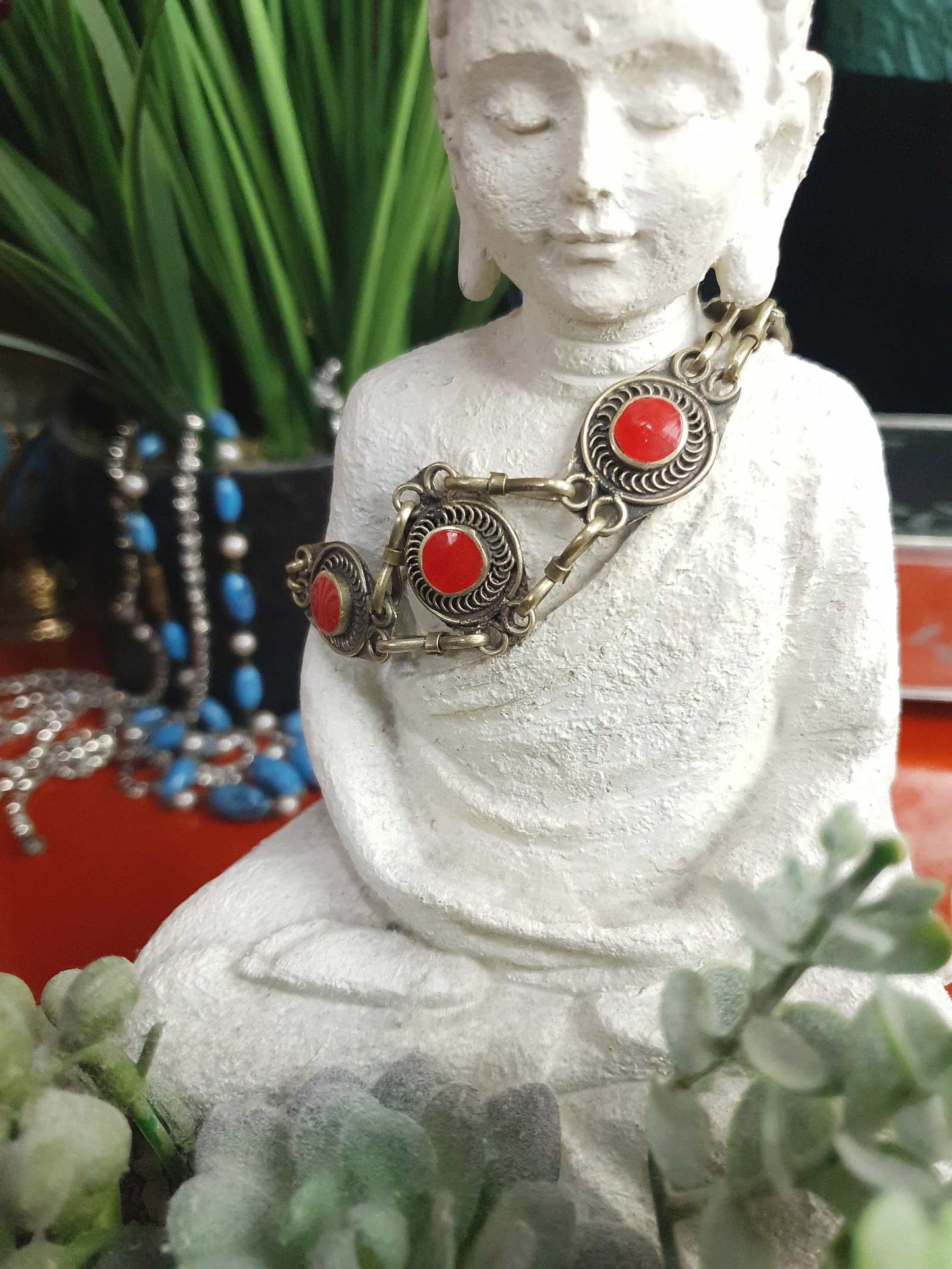 1970s Vintage Boho Red Glass Stone Bracelet Brass Bohemian
