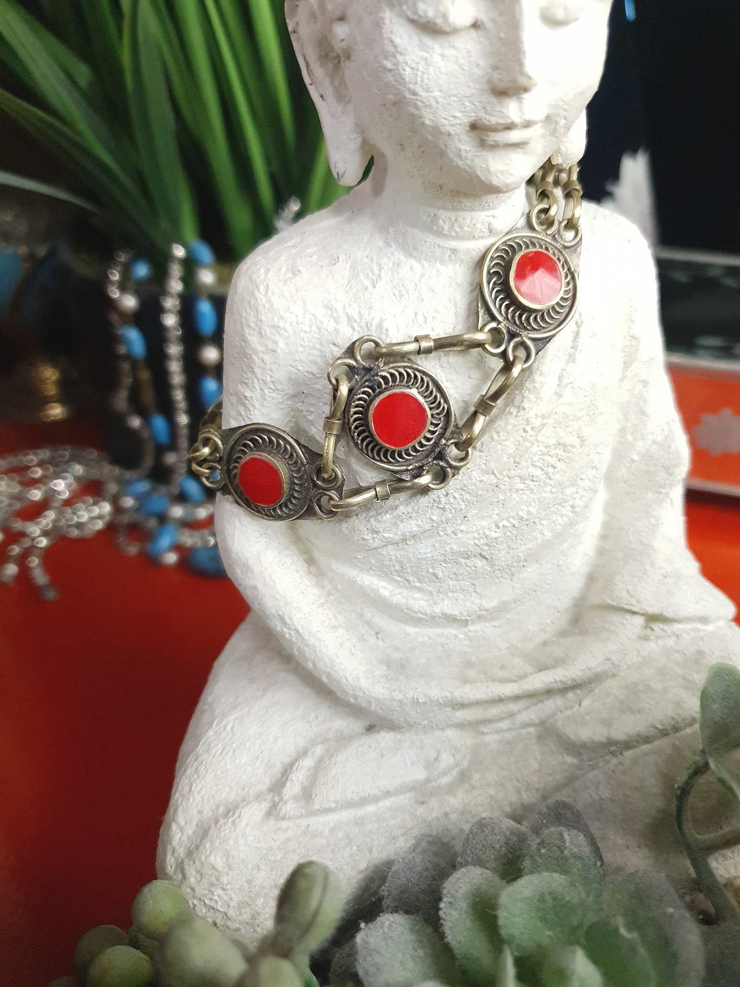 1970s Vintage Boho Red Glass Stone Bracelet Brass Bohemian