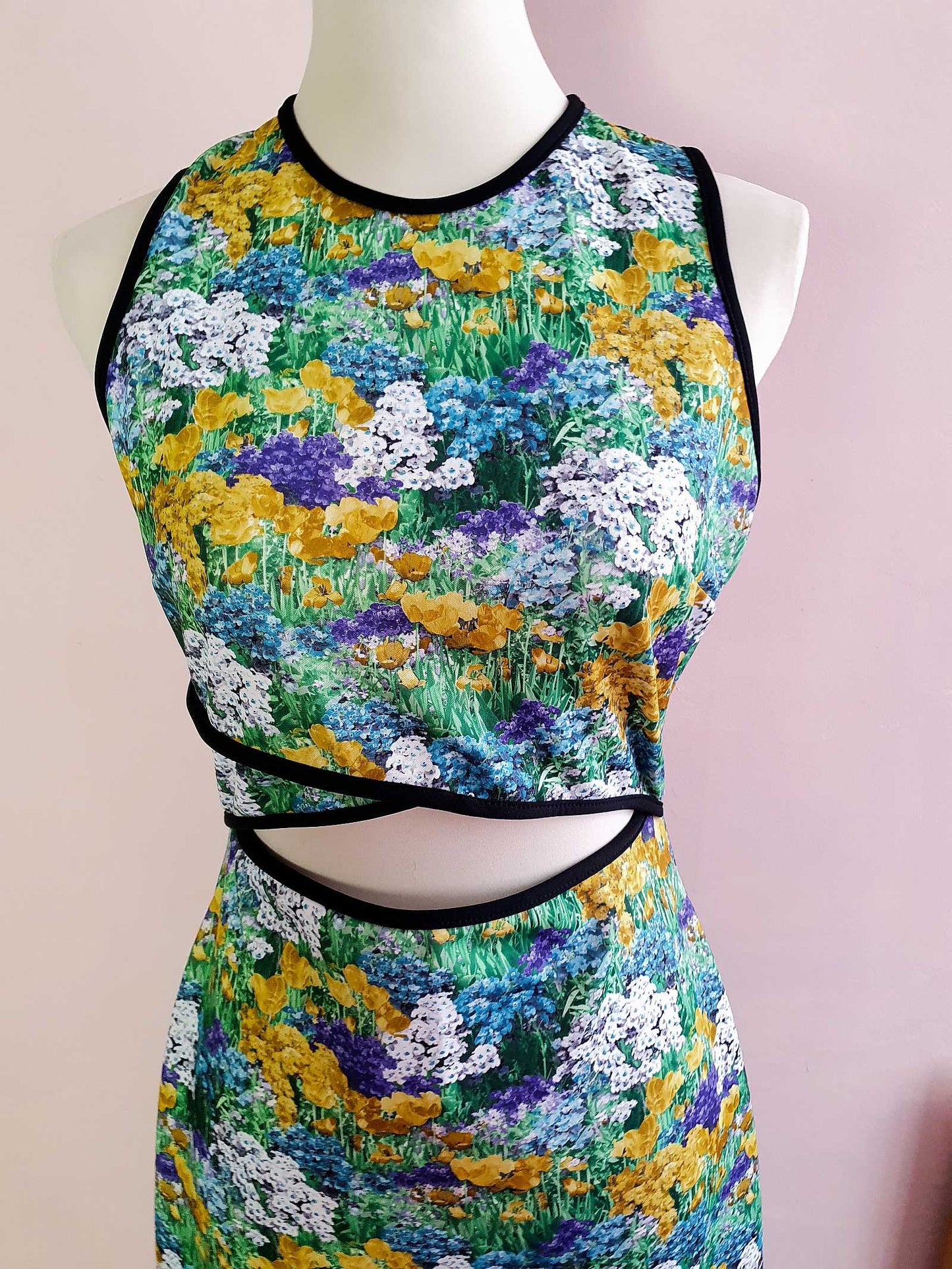 Vintage Floral Cut Out Dress 1970s Retro Flower Midi Sleeveless- Size 14