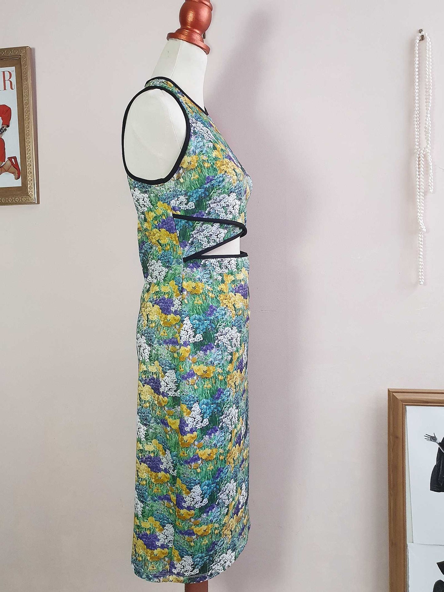 Vintage Floral Cut Out Dress 1970s Retro Flower Midi Sleeveless- Size 14