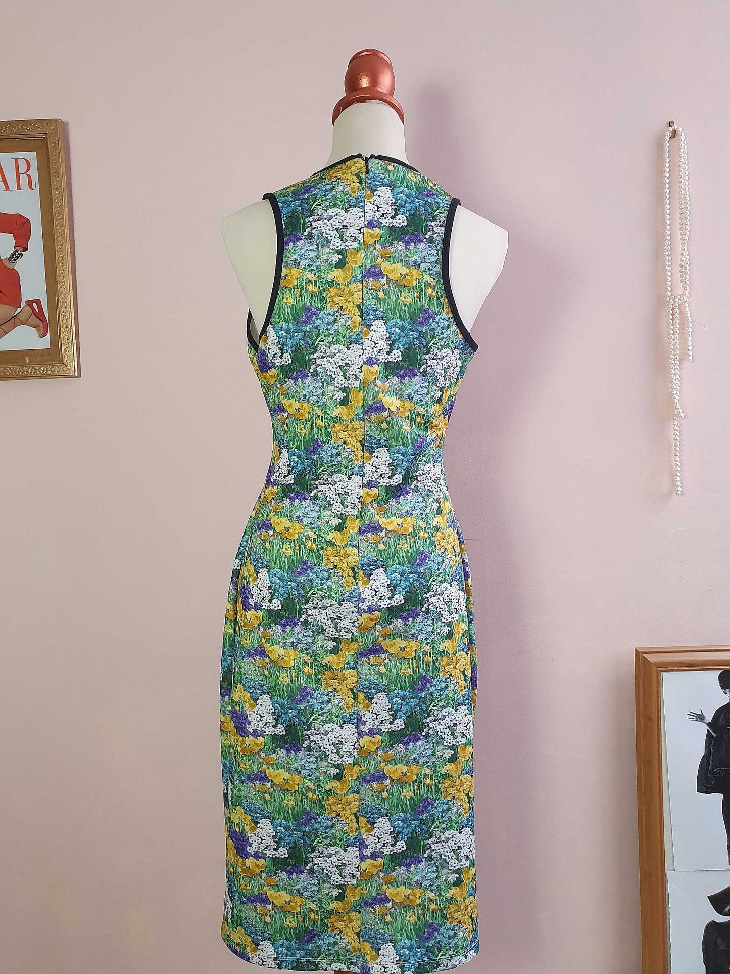 Vintage Floral Cut Out Dress 1970s Retro Flower Midi Sleeveless- Size 14