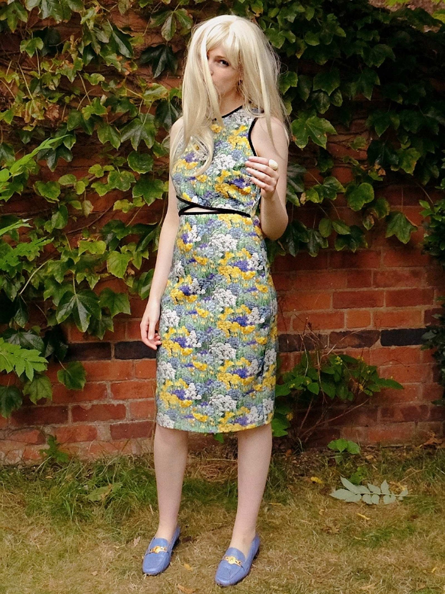 Vintage Floral Cut Out Dress 1970s Retro Flower Midi Sleeveless- Size 14