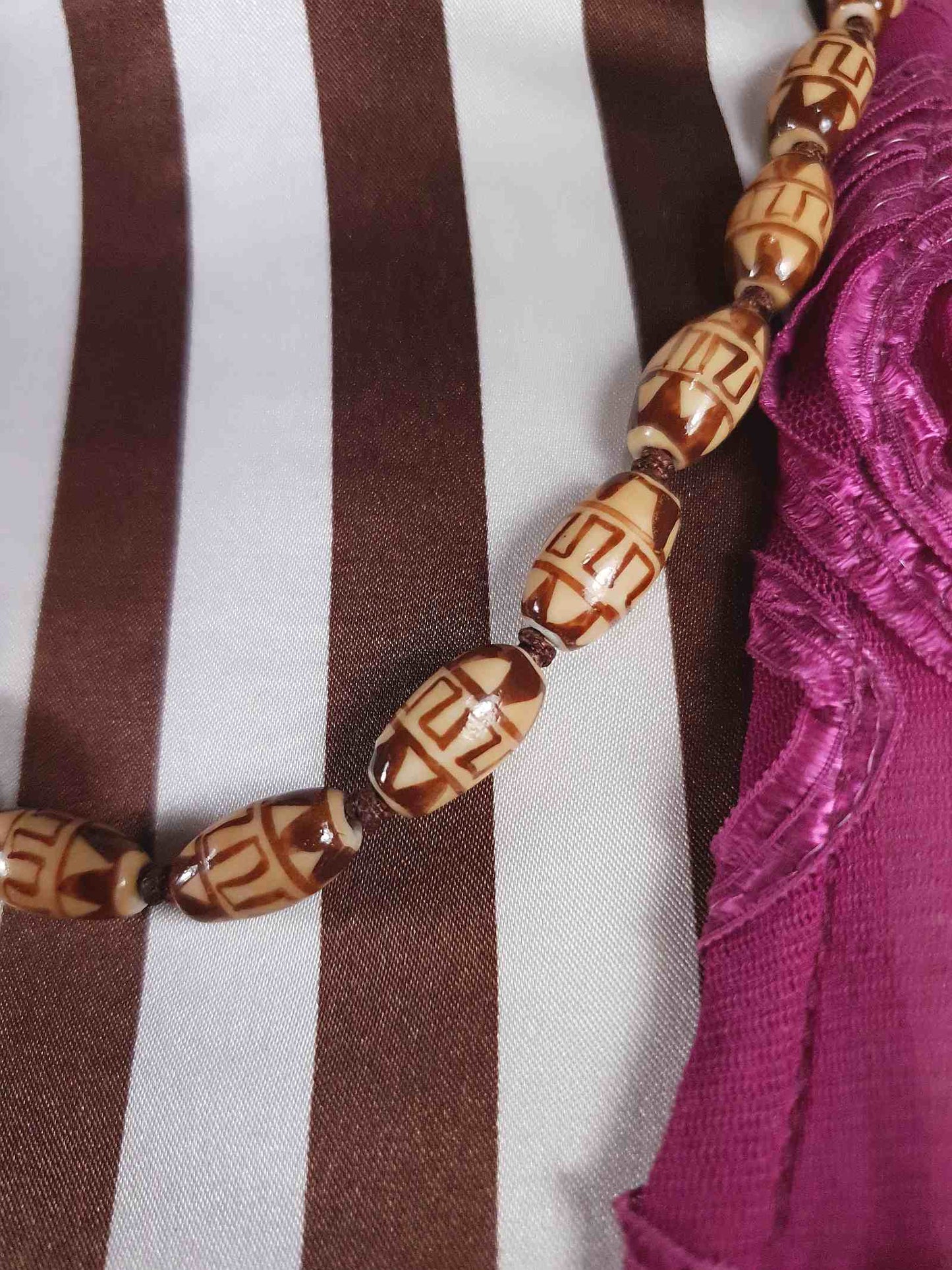 Vintage Boho Ceramic Bead Necklace Cream Brown 1970s Geometric