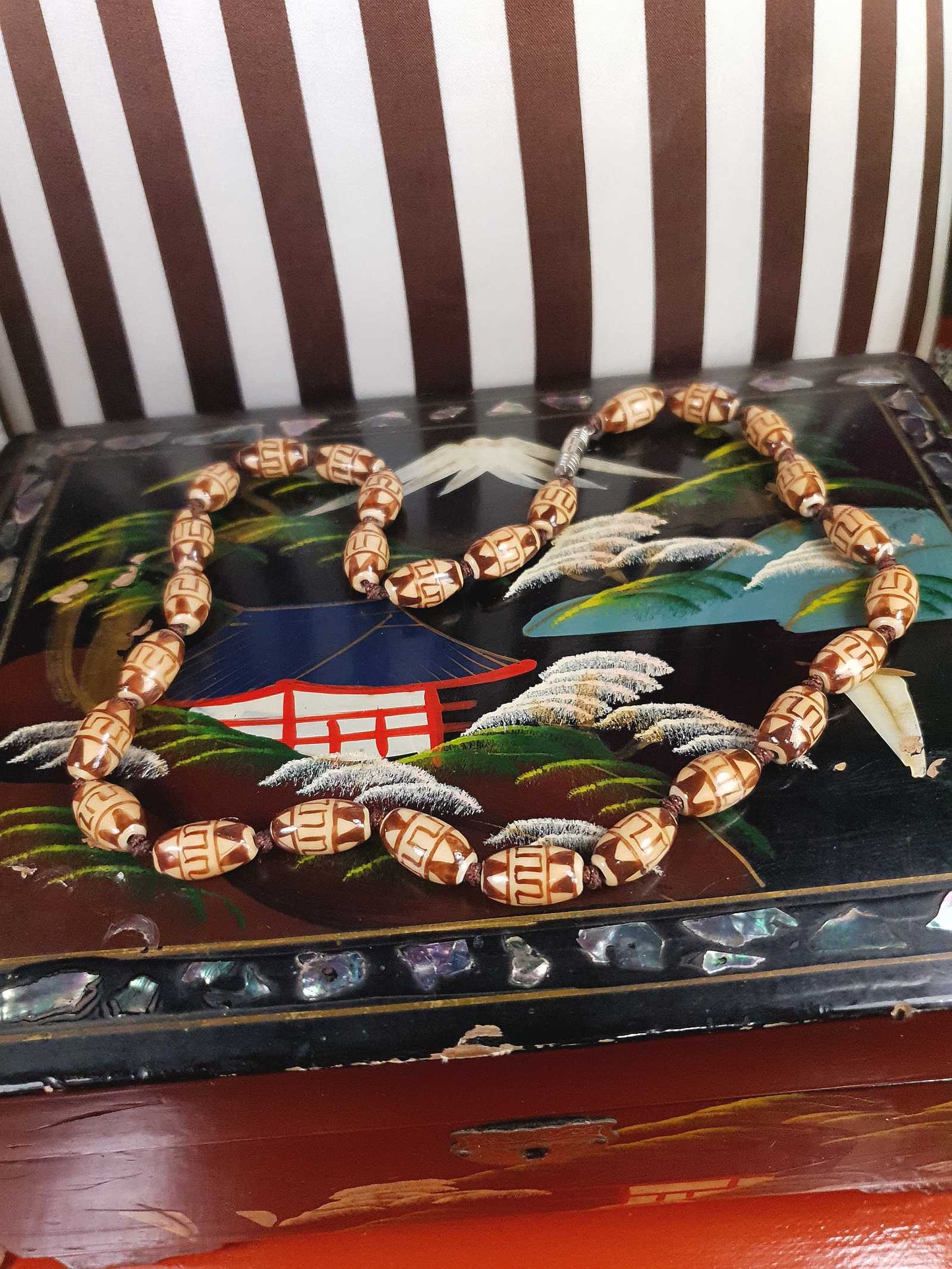 Vintage Boho Ceramic Bead Necklace Cream Brown 1970s Geometric