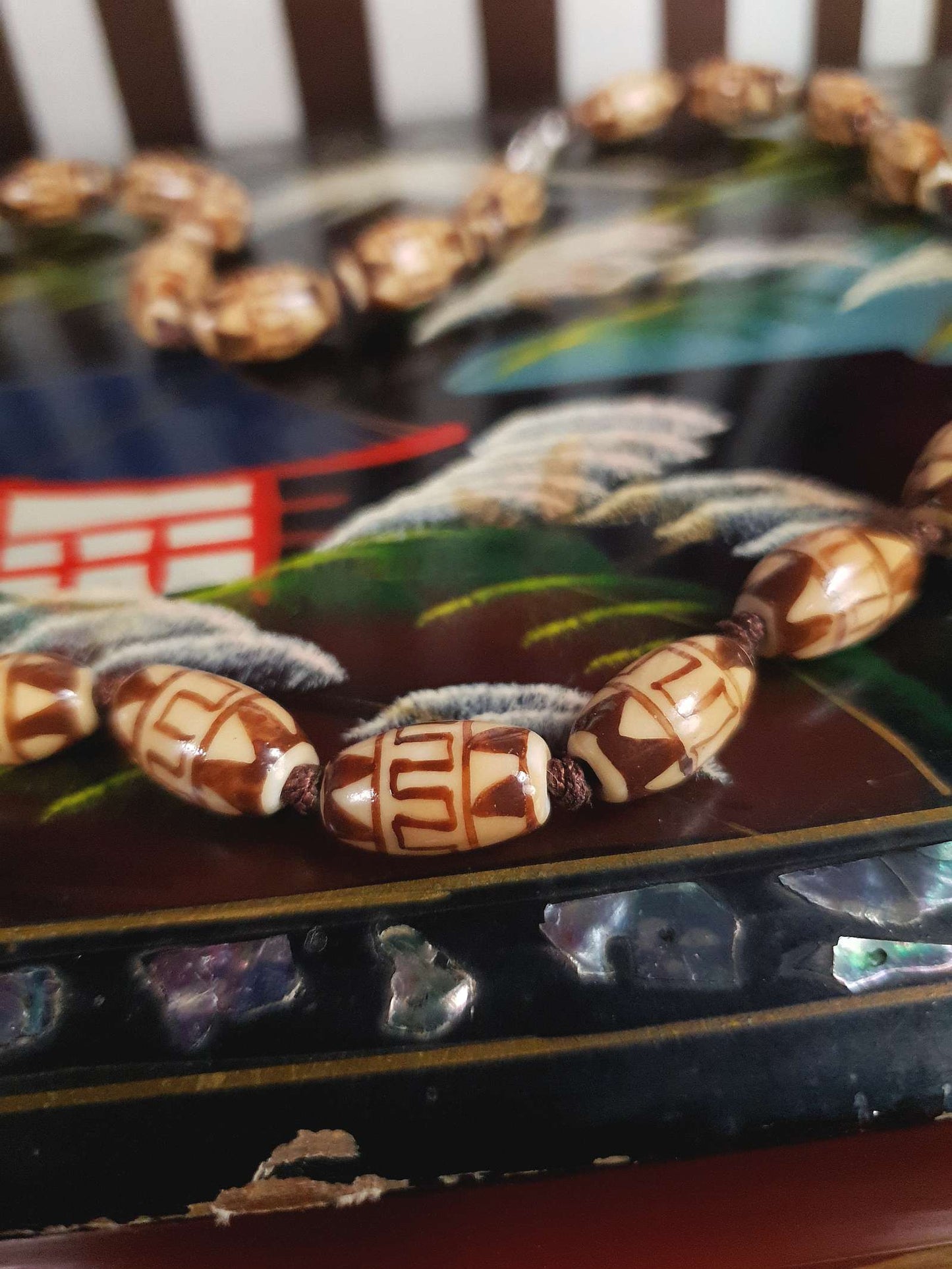 Vintage Boho Ceramic Bead Necklace Cream Brown 1970s Geometric