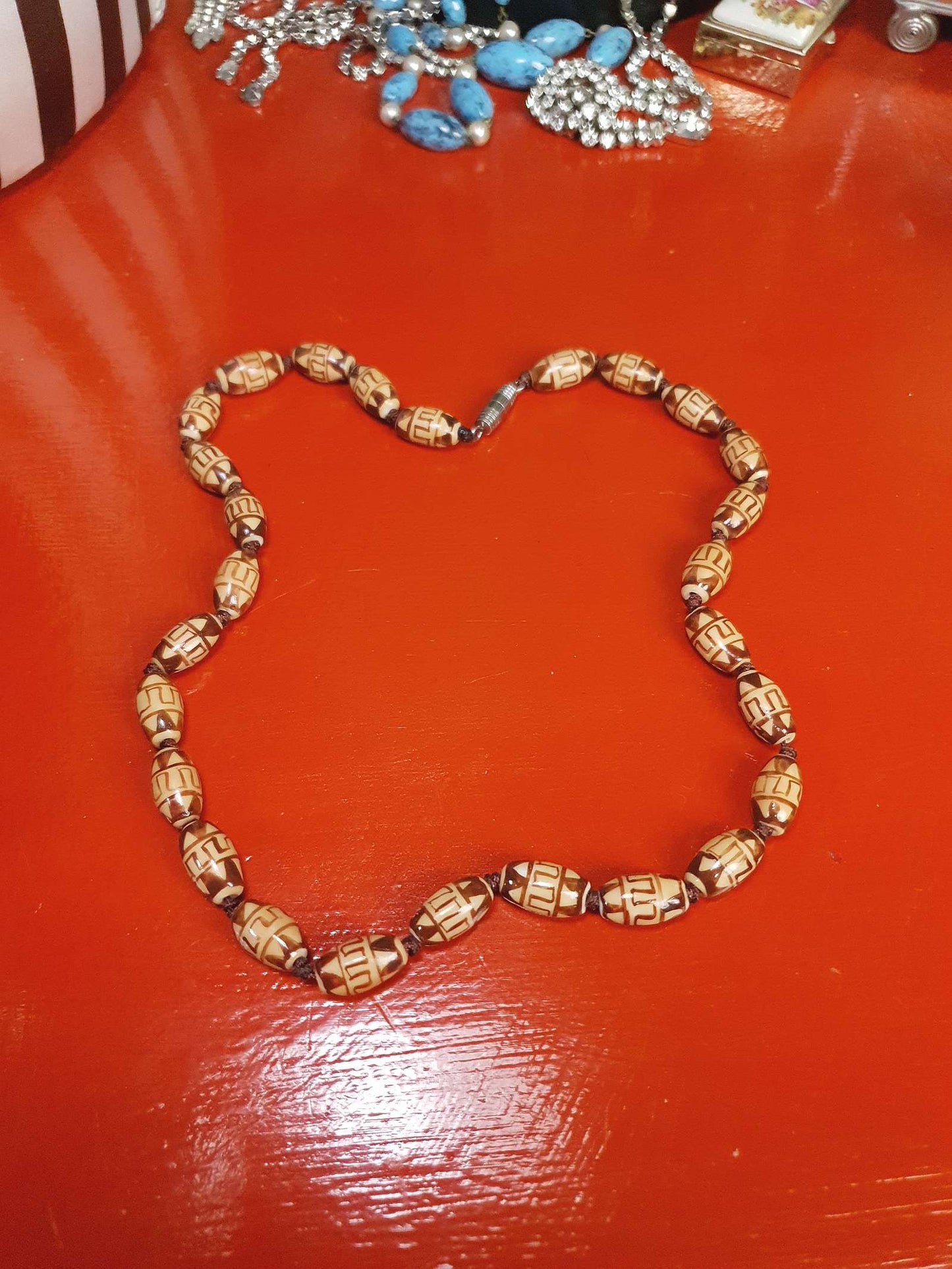 Vintage Boho Ceramic Bead Necklace Cream Brown 1970s Geometric