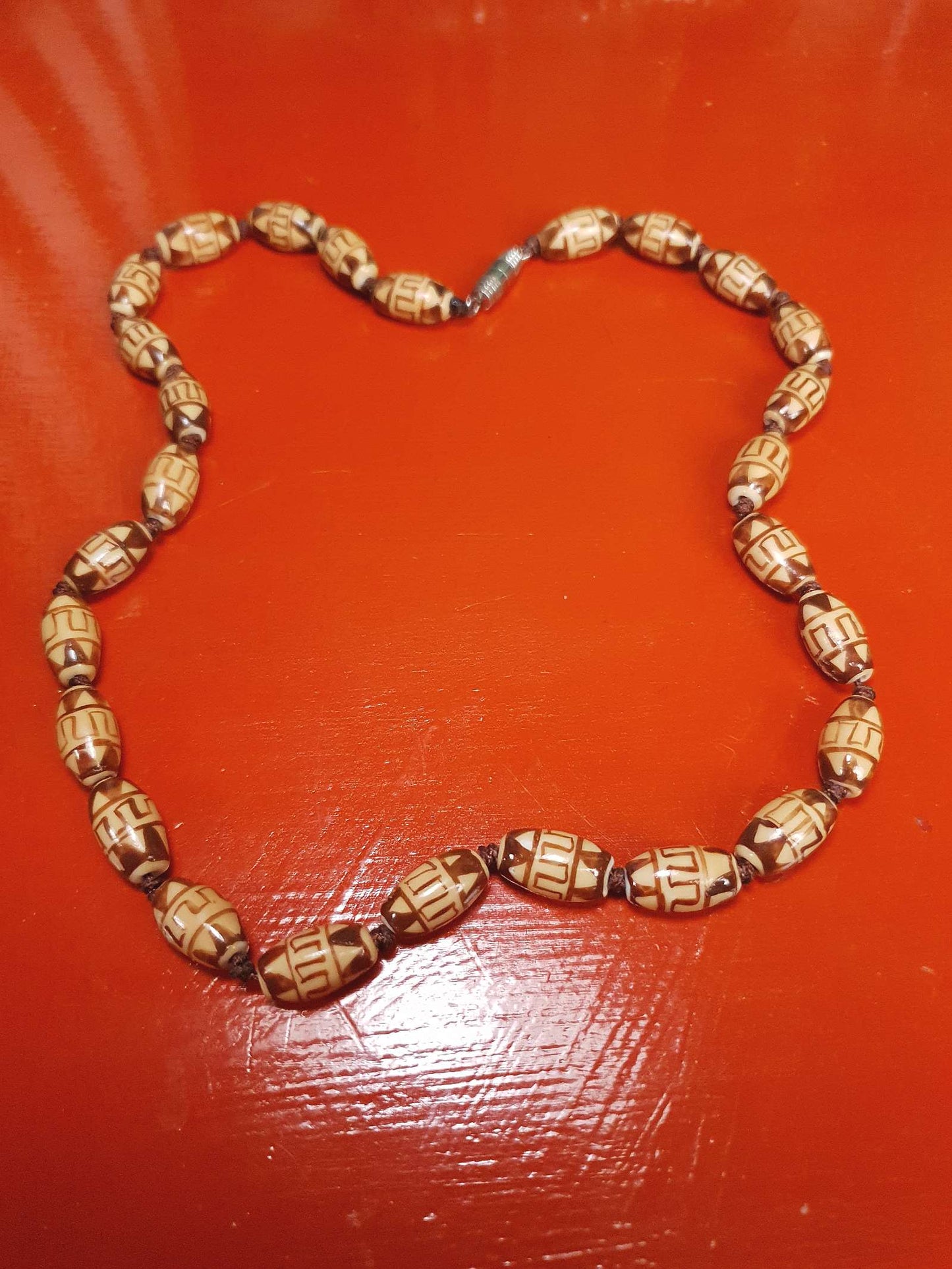 Vintage Boho Ceramic Bead Necklace Cream Brown 1970s Geometric
