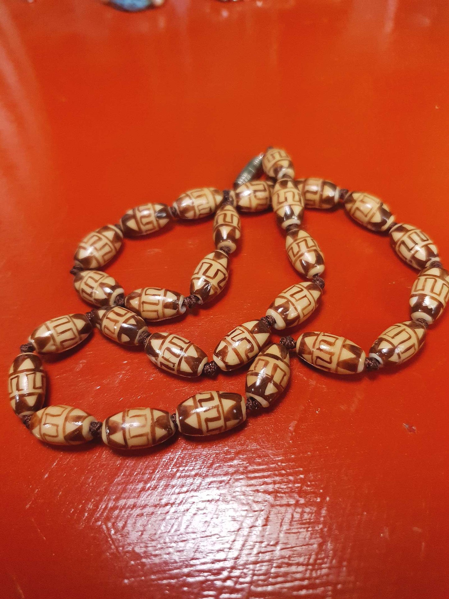 Vintage Boho Ceramic Bead Necklace Cream Brown 1970s Geometric