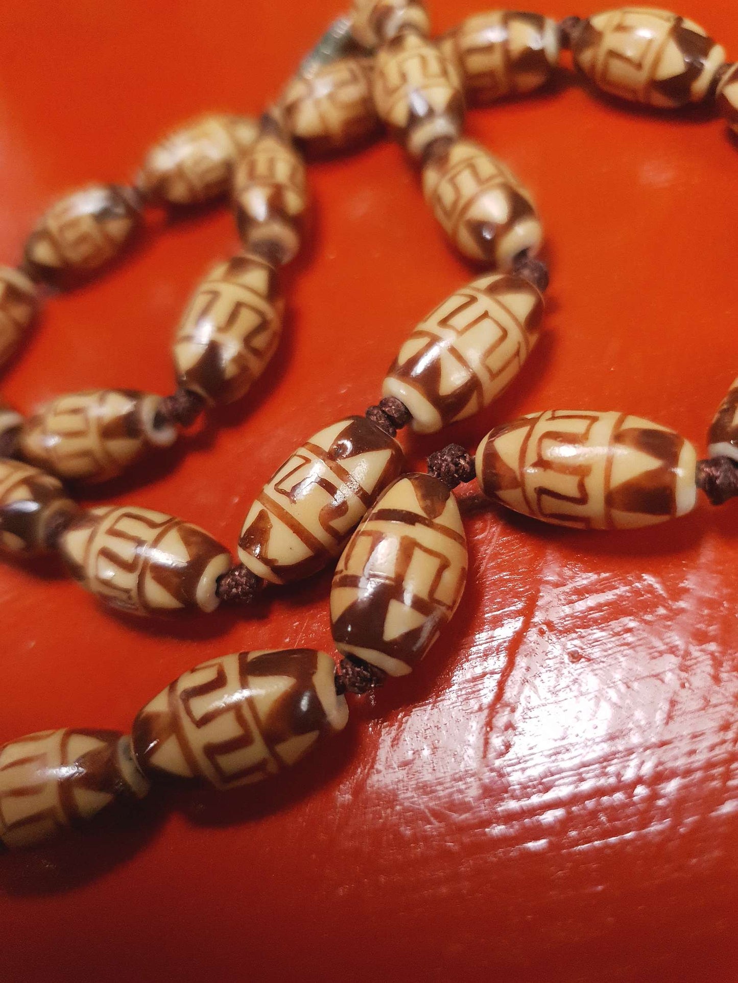 Vintage Boho Ceramic Bead Necklace Cream Brown 1970s Geometric