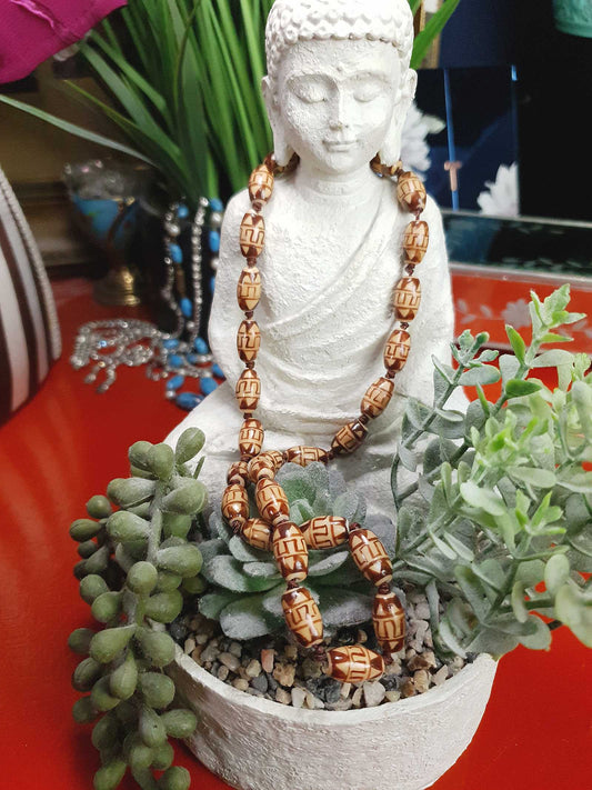 Vintage Boho Ceramic Bead Necklace Cream Brown 1970s Geometric