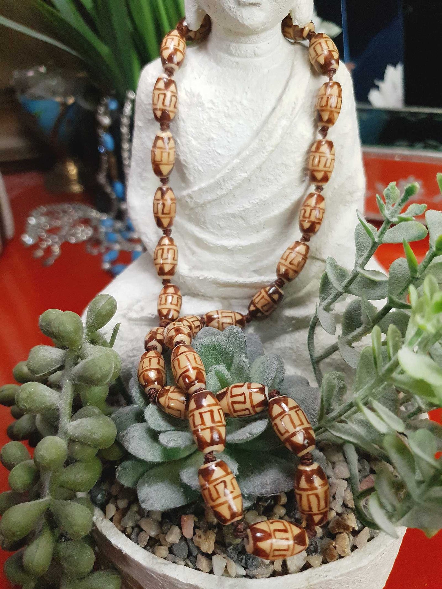 Vintage Boho Ceramic Bead Necklace Cream Brown 1970s Geometric