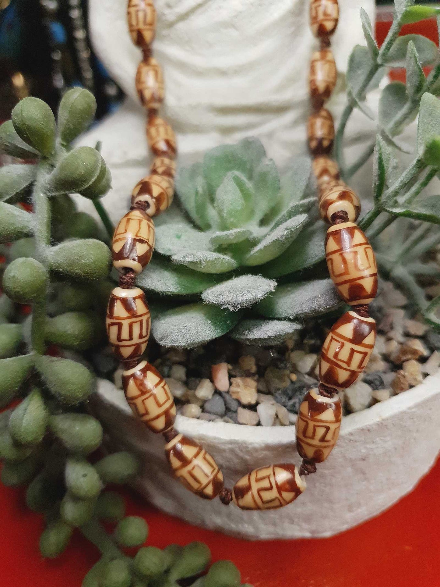 Vintage Boho Ceramic Bead Necklace Cream Brown 1970s Geometric