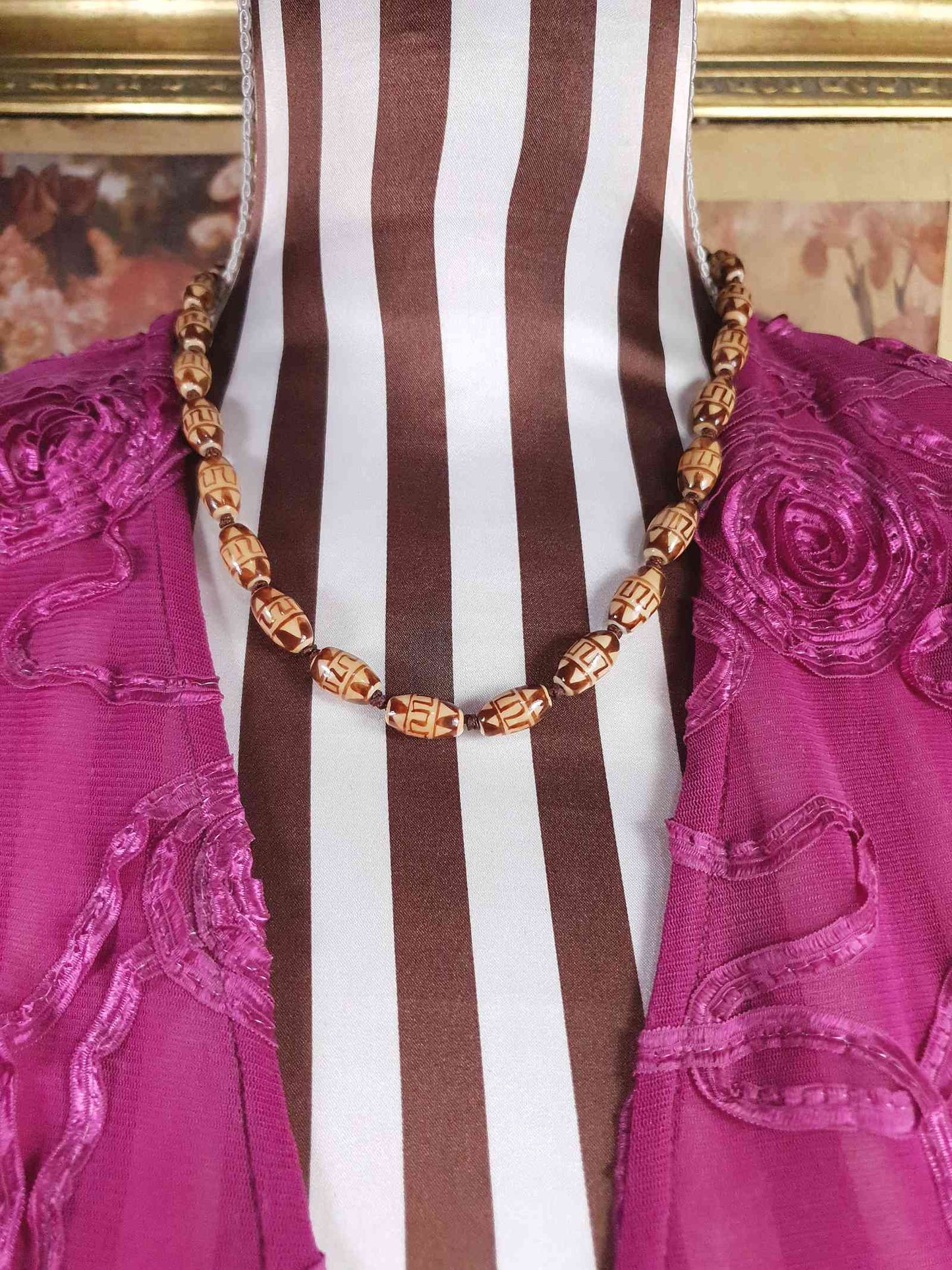 Vintage Boho Ceramic Bead Necklace Cream Brown 1970s Geometric