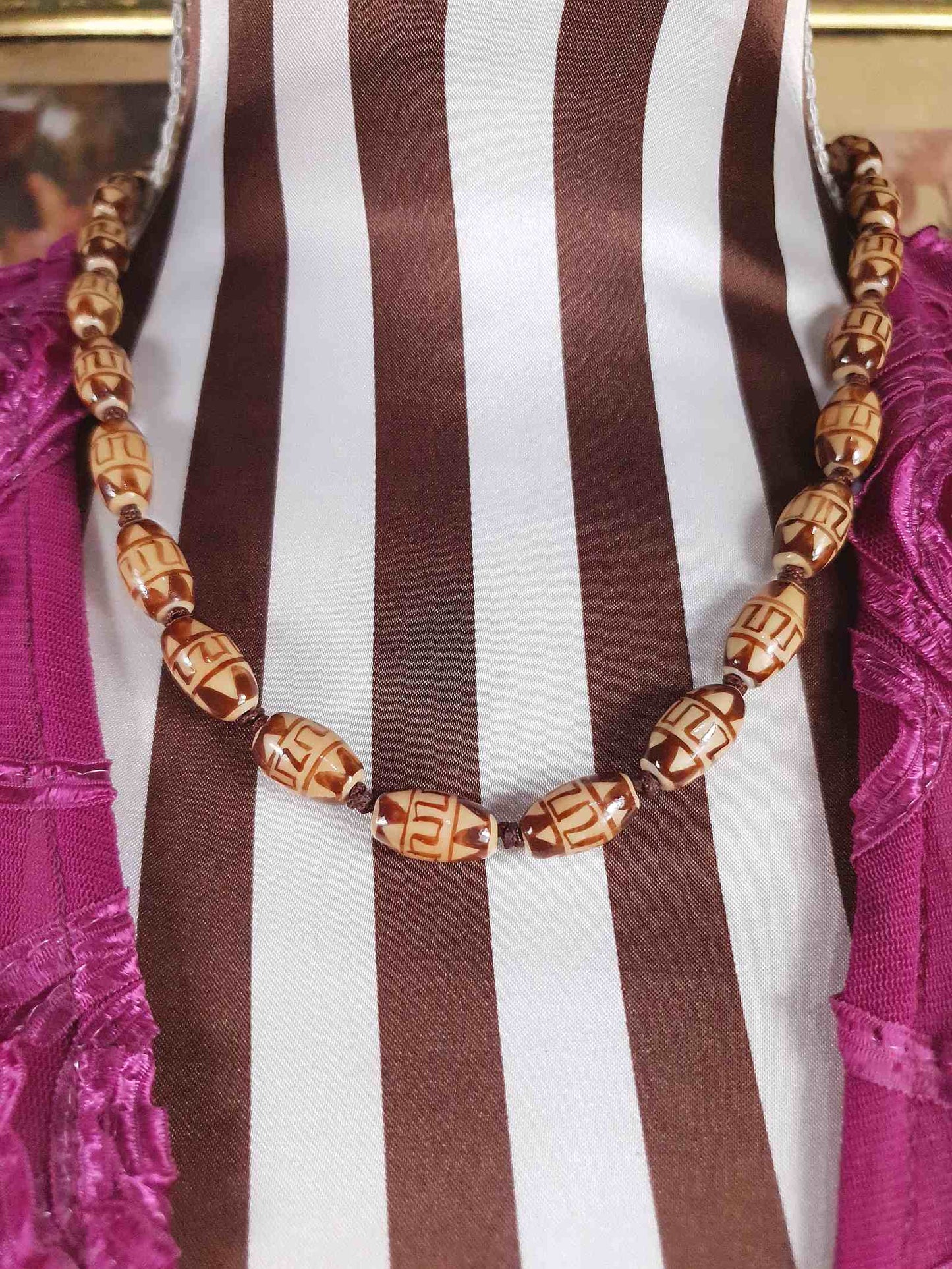 Vintage Boho Ceramic Bead Necklace Cream Brown 1970s Geometric