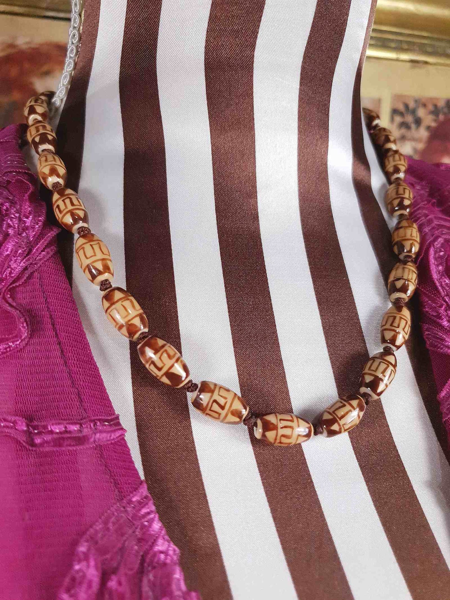 Vintage Boho Ceramic Bead Necklace Cream Brown 1970s Geometric