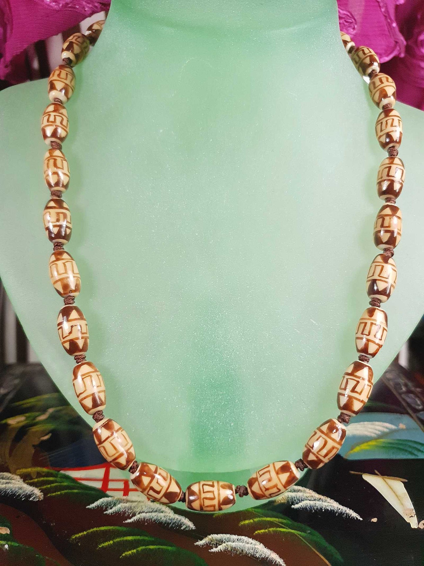 Vintage Boho Ceramic Bead Necklace Cream Brown 1970s Geometric