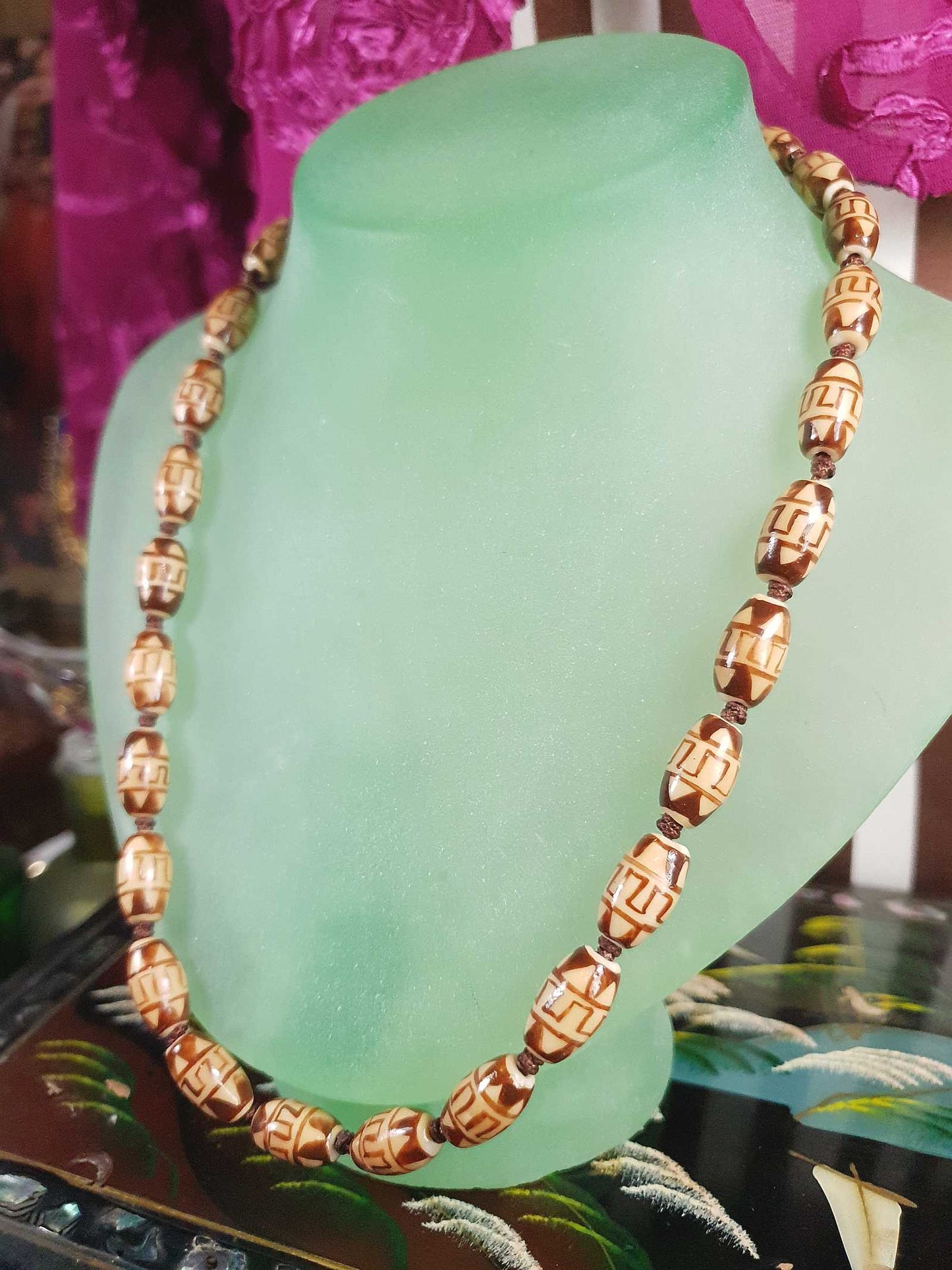 Vintage Boho Ceramic Bead Necklace Cream Brown 1970s Geometric