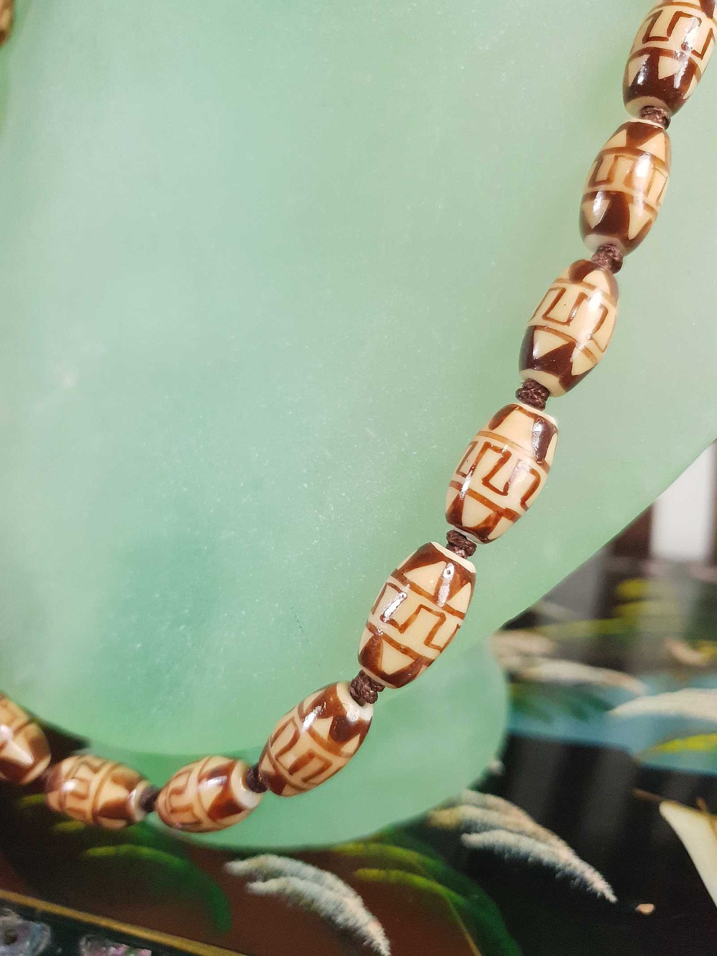 Vintage Boho Ceramic Bead Necklace Cream Brown 1970s Geometric