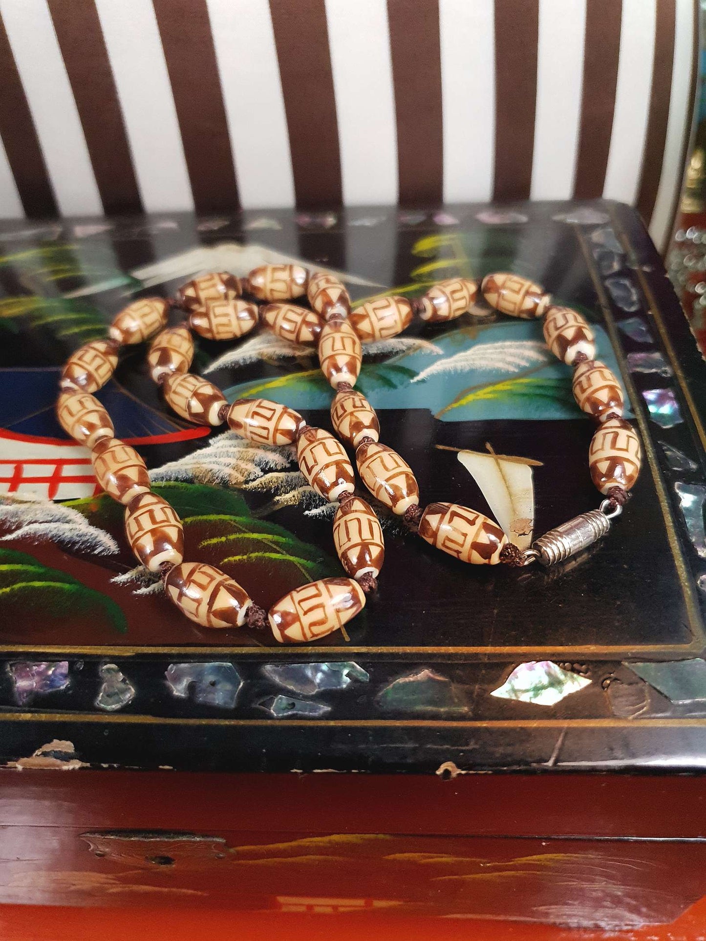 Vintage Boho Ceramic Bead Necklace Cream Brown 1970s Geometric