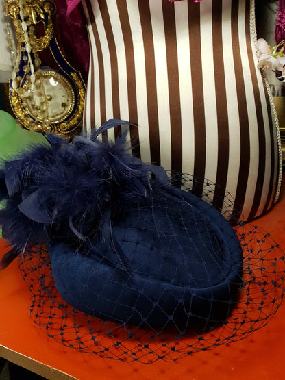 Vintage 1980s Pillbox Hat Blue Feather Fascinator Mesh