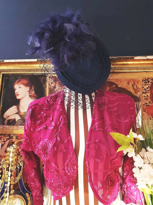 Vintage 1980s Blue Feather Pillbox Hat Fascinator Mesh - Size 7⅞