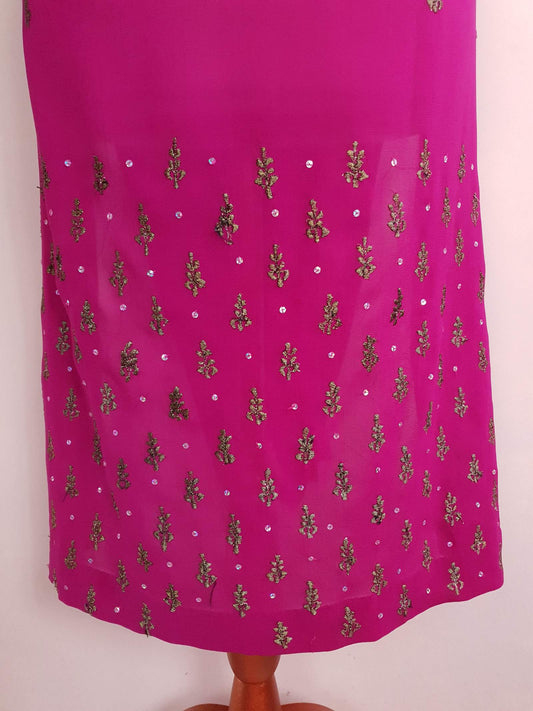 Vintage Cerise Pink Chiffon Boho Kaftan Ladies 1980s Caftan Embroidered Sequins Size 14