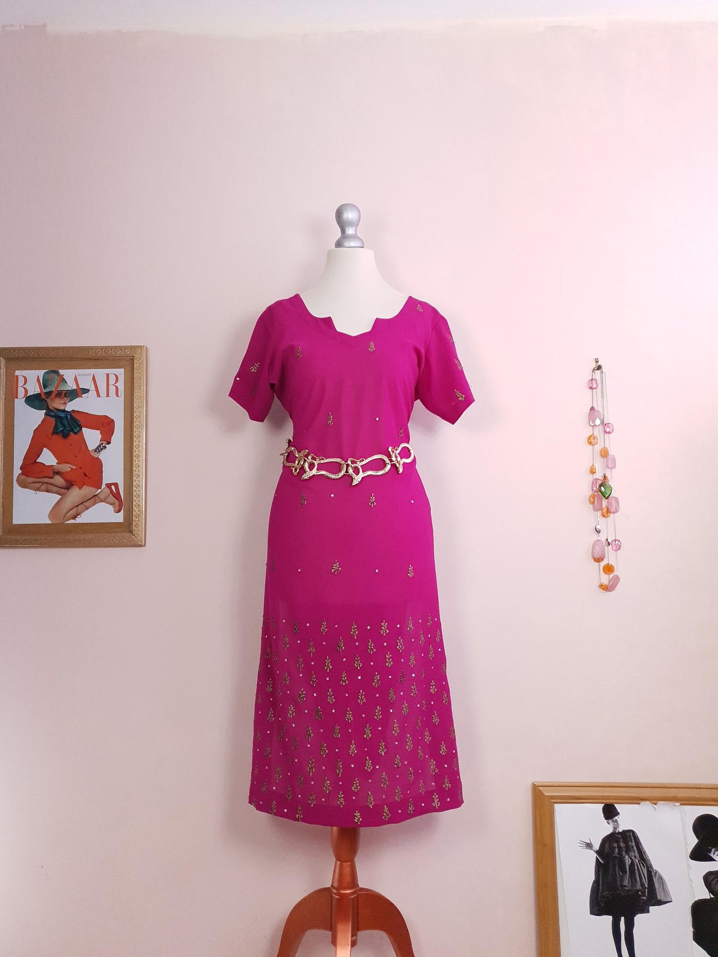 Vintage Cerise Pink Chiffon Boho Kaftan Ladies 1980s Caftan Embroidered Sequins Size 14