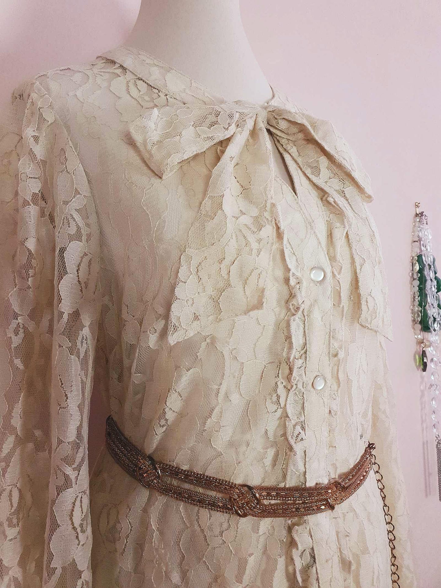 Vintage 1980s Pussybow Blouse Lace Shirt Size 12 Retro