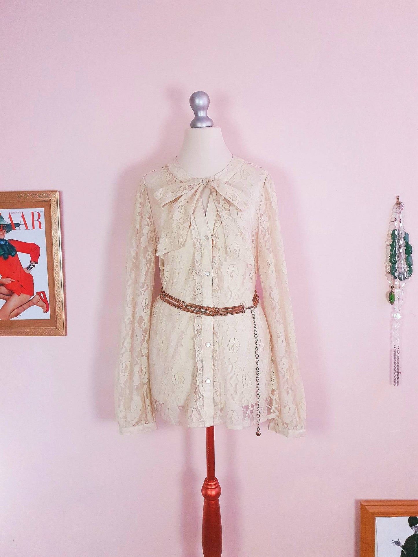Vintage 1980s Pussybow Blouse Lace Shirt Size 12 Retro