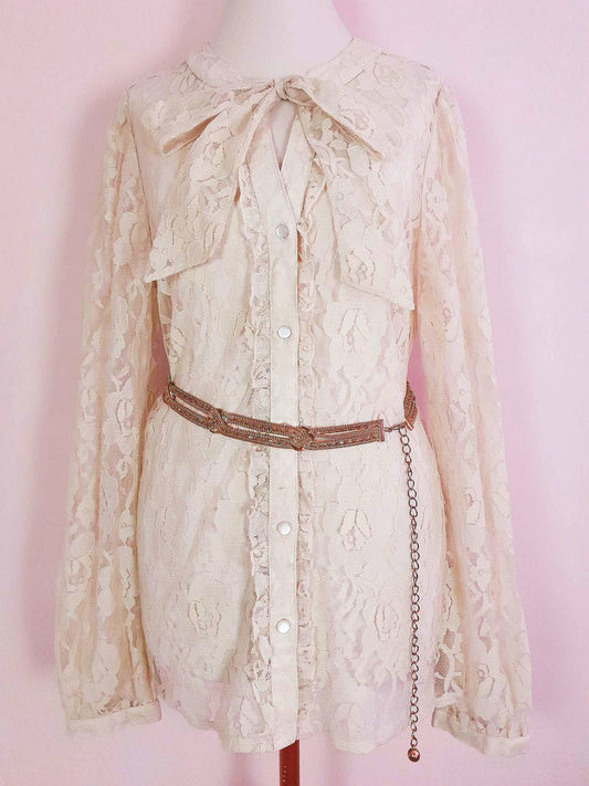 Vintage 1980s Pussybow Blouse Lace Shirt Size 12 Retro