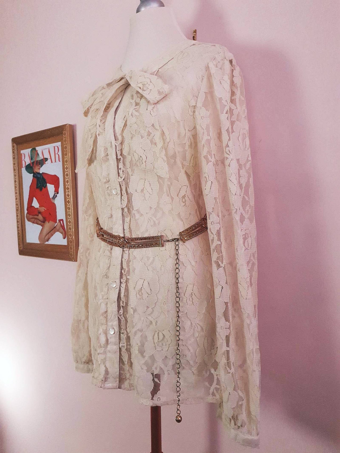 Vintage 1980s Pussybow Blouse Lace Shirt Size 12 Retro