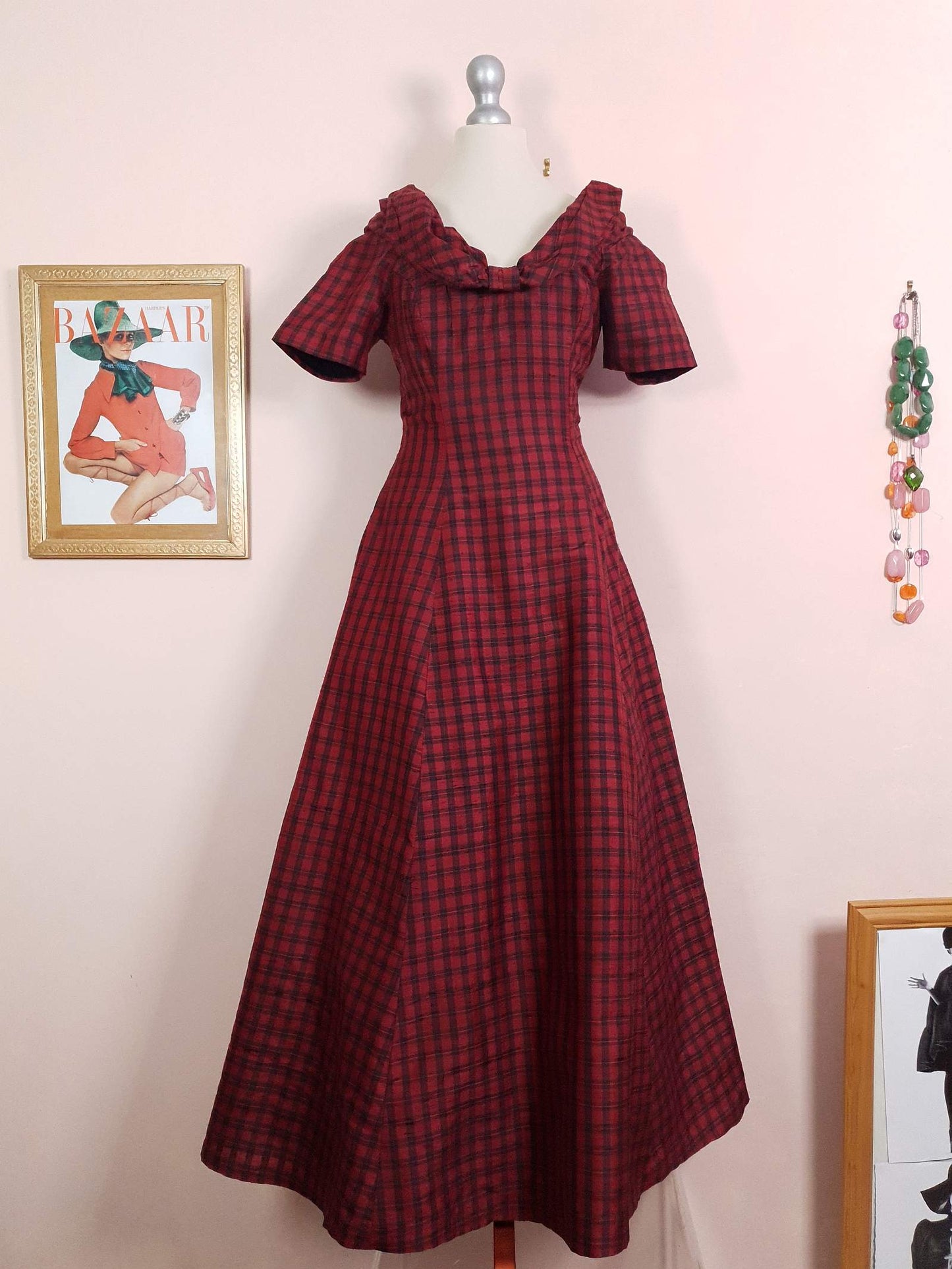 Vintage Red Plaid Silk Dress Monsoon Tartan Check Maxi Evening 1980s Retro Party Fit & Flare Size 10