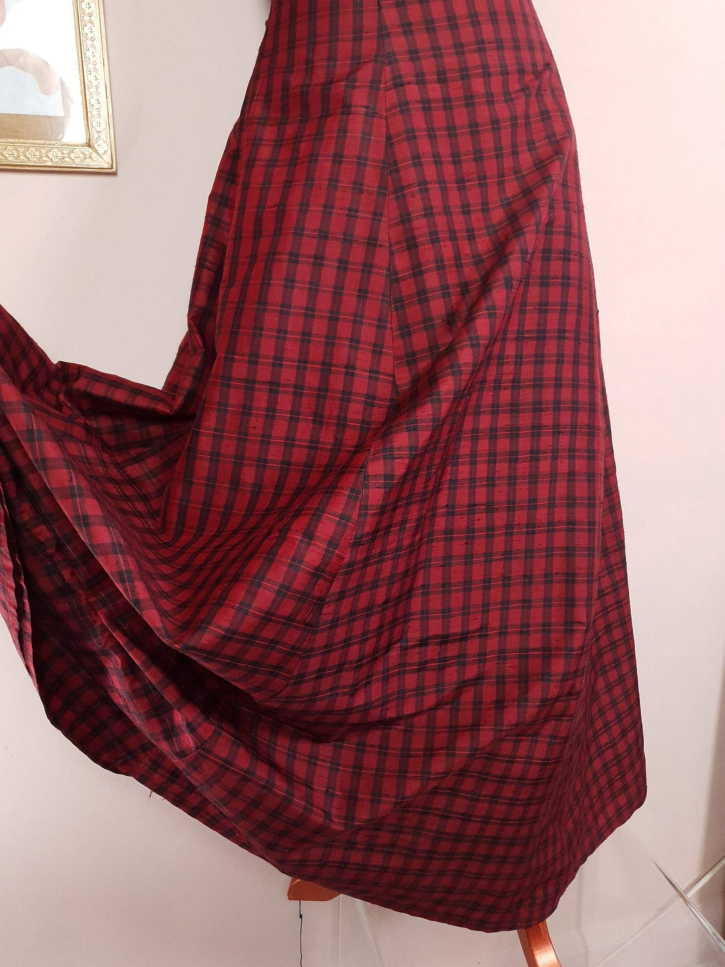 Vintage Red Plaid Silk Dress Monsoon Tartan Check Maxi Evening 1980s Retro Party Fit & Flare Size 10