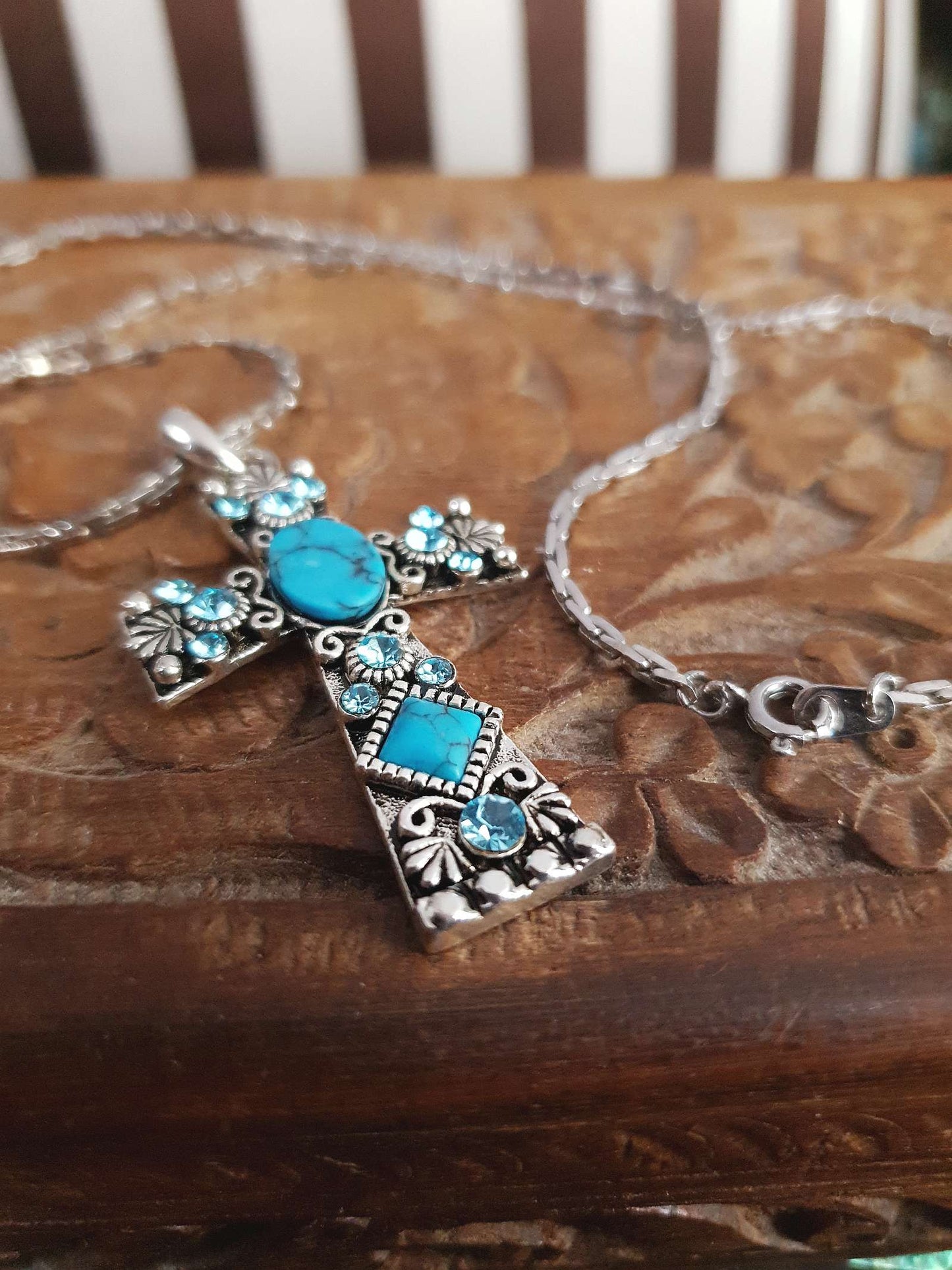 1980s Vintage Blue Rhinestone Cross Boho Necklace Pendant 18" Turquoise